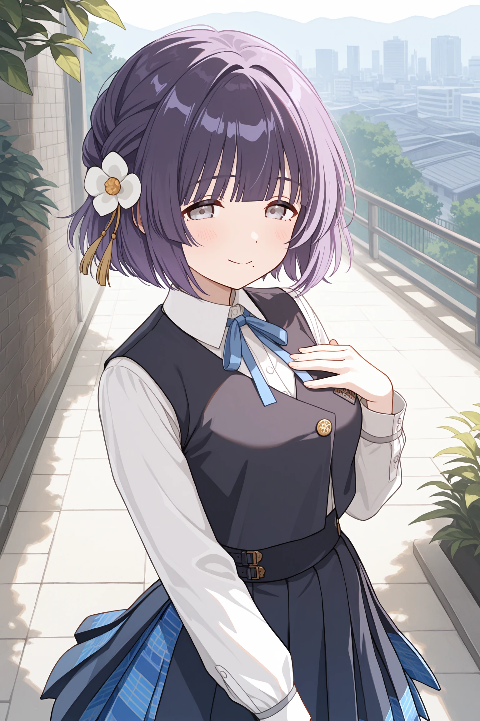 masterpiece, best quality, very aesthetic, hatayamisuzu, solo, outdoors, city, nature, purple hair, blunt bangs, flower hair ornament, hair yellow ribbon, braid, short hair, grey eyes, mole under mouth, medium breasts, black vest, neck ribbon, blue ribbon, buttons, collared shirt, white shirt, long sleeves, right hand on own chest, high-waist skirt, black skirt, pleated skirt, blue skirt, plaid skirt, school uniform, smile, closed mouth, :), <lora:Hataya-Misuzu:0.7>