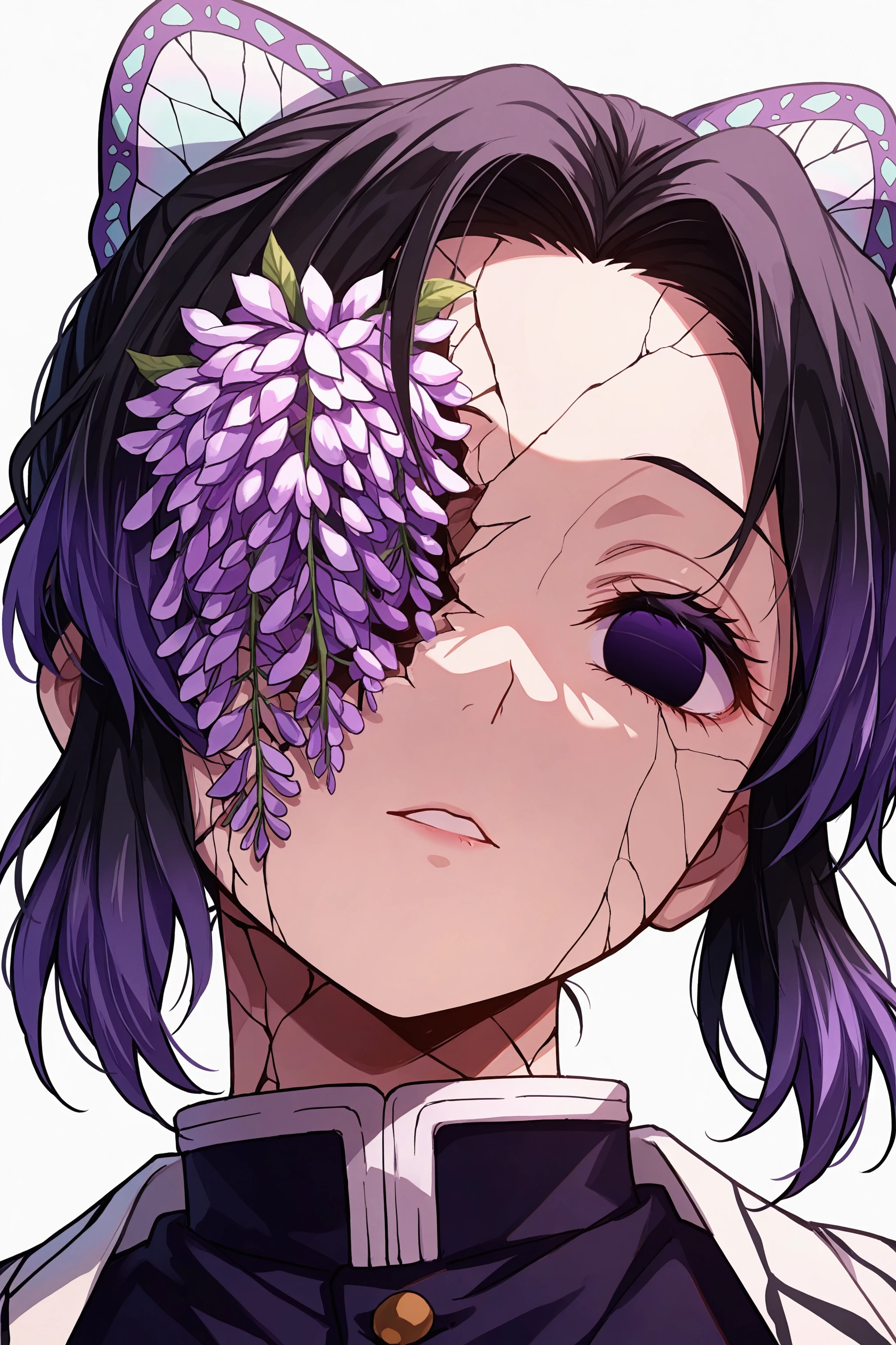 masterpiece, best quality, absurdres, safe
1girl, kochou shinobu, empty eyes,
portrait, cracked skin, [flower over eye::0.1], [purple flower:wisteria:0.1], simple background
<lora:inward_itwasleo_il_2_d16_v2:1>
