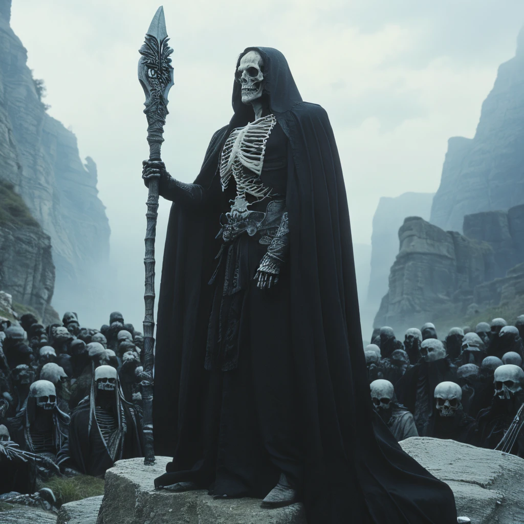 <lora:GothicDarkFantasyMovie:1> ArsMovieStill, Gothic Dark Fantasy movie still, The image shows a person dressed as a grim reaper standing on a rocky cliff overlooking a large group of skulls. The person is wearing a long black cloak with a hood and a skeleton-like face mask covering their face. They are holding a staff with a pointed tip and a long pointed blade. The background is a foggy misty landscape with a castle-like structure in the distance. The overall mood of the image is dark and eerie., staff, skull, skeleton, armor, holding, holding staff, hood, undead, standing, solo