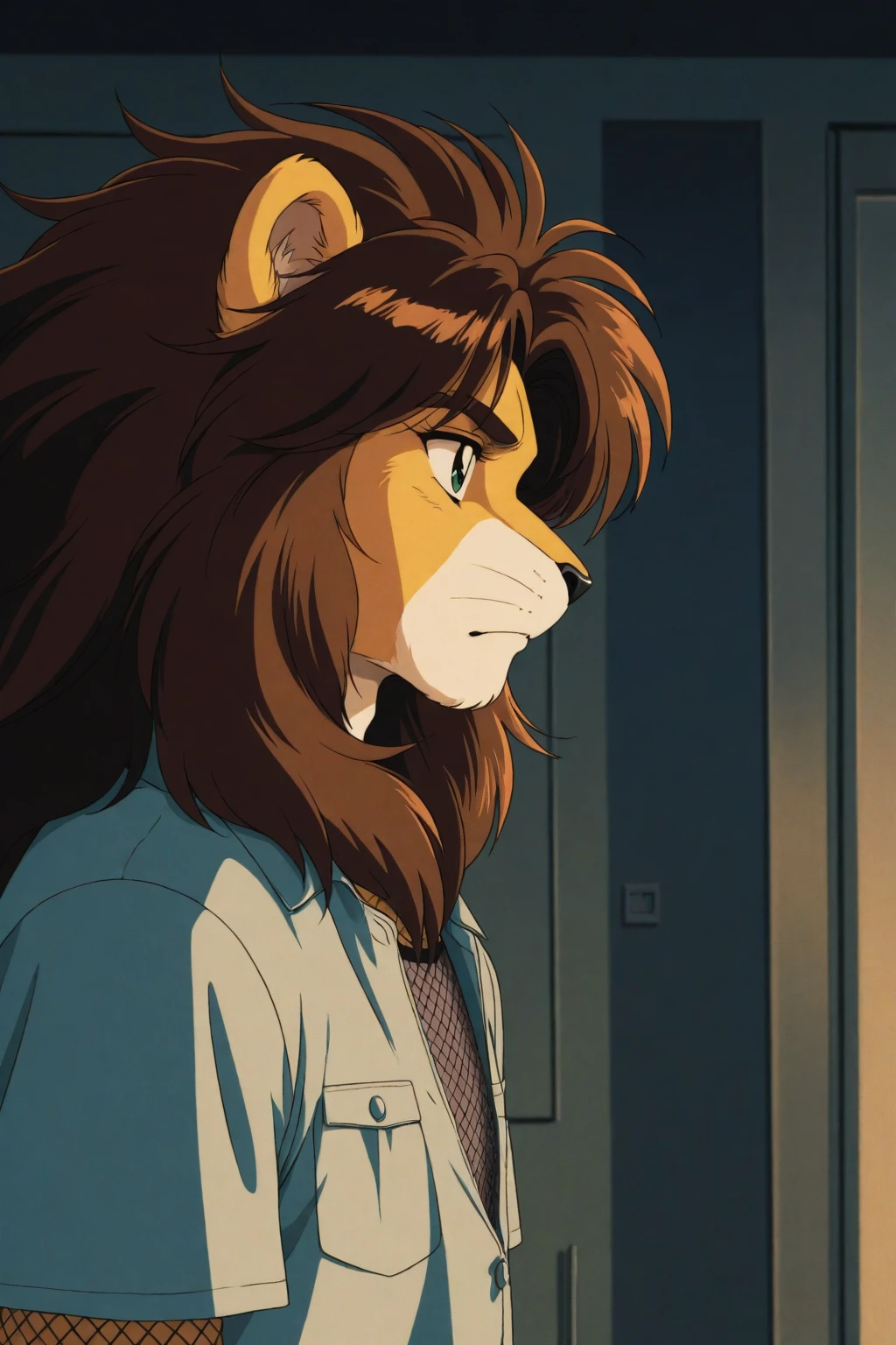 1980s Anime Screenshot, anime coloring, best quality, absurdres, masterpiece, hdr, Dynamic Lighting,from the side (fluffy:0.8) anthro furry male Lion, brunette colored slickback, mesh undershirt, trunks, kitchen