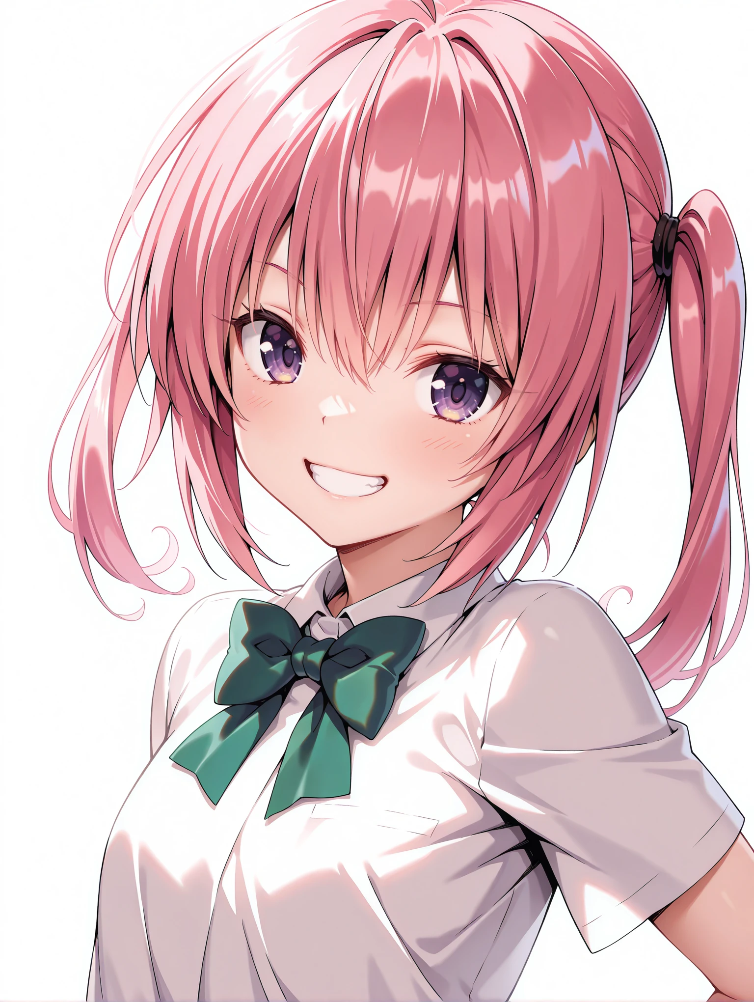masterpiece,best quality,newest,
1girl,solo,
<lora:nana_ilxl_v1:1>,nana,pink hair,purple eyes,twintails,n_clothes,green bowtie,short sleeve blouse,white blouse,
<lora:Fixhands_anime_bdsqlsz_V1:1>,looking_at_viewer,white_background,simple_background,upper_body,grin,