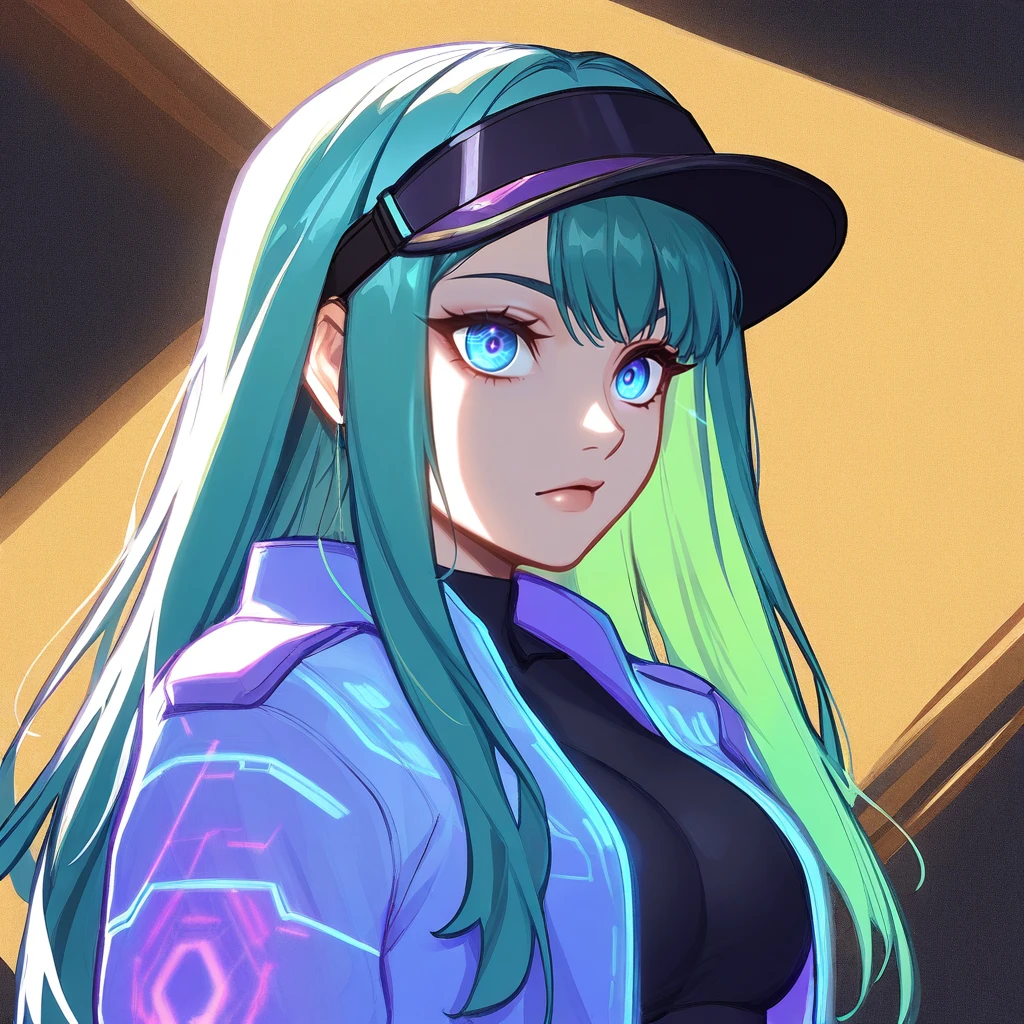 (masterwork, illustration, masterpiece, best quality, hyper-detailed, 8k uhd::1.4),
1girl,
A close-up illustration of a young, athletic cyberpunk netrunner with vibrant blue and green hair in a neon-lit alley, wearing a holographic jacket that flickers with data streams,
her face is partially obscured by a visor,
dark clothing with glowing accents.
<lora:BlushySpicy_Style_LoRA_-_Illustrious:1.1> blu5hy,
solo, holographic jacket, visor, glowing circuitry, dark tone, urban setting, blue and green hair