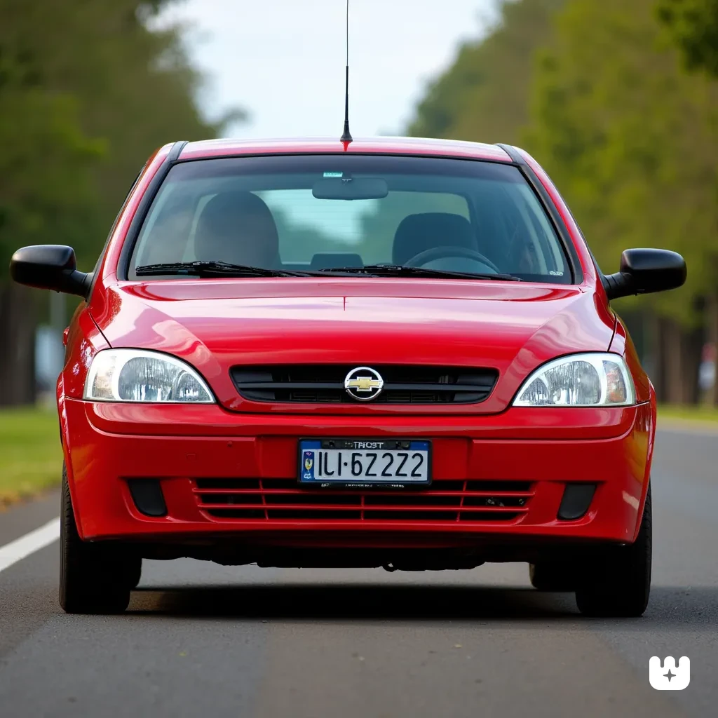 red 2002 Chevrolet Corsa Hatchback driving in Brazil, front view
