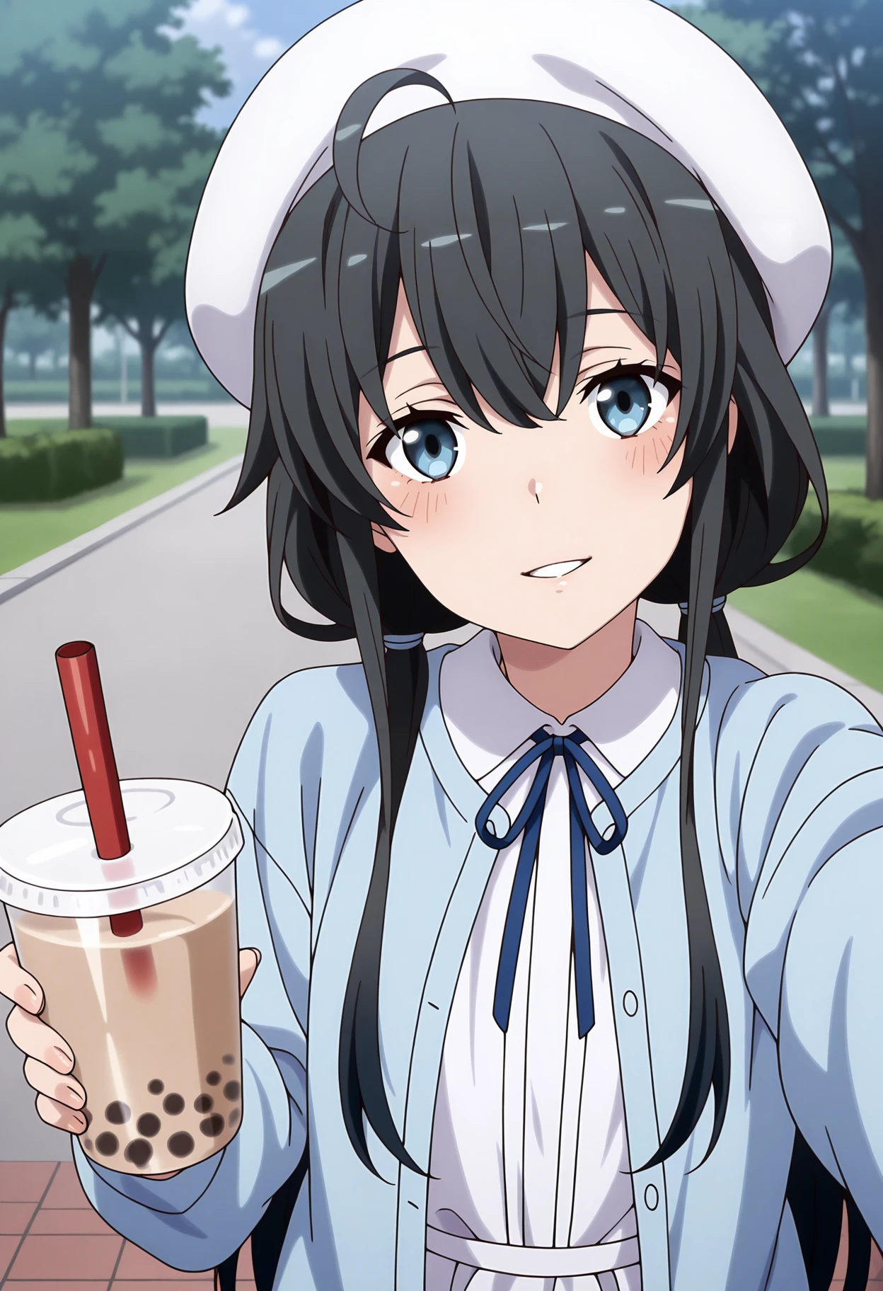 anime screencap, masterpiece, best quality,
<lora:YahariOreNoSeishunLoveComedy_YukinoshitaYukino_IlluXL:0.9>,
1girl, solo, parted lips, parted lips, blush, smile, head tilt,
low twintails, black hair, blue eyes, hair between eyes, ahoge, hair tie,
YukinoDate, open cardigan, blue cardigan, white dress, neck ribbon, blue ribbon,
beret, white headwear, holding cup, bubble tea,
selfie, reaching towards viewer, standing, looking at viewer,
park, tree, outdoors, blurry background