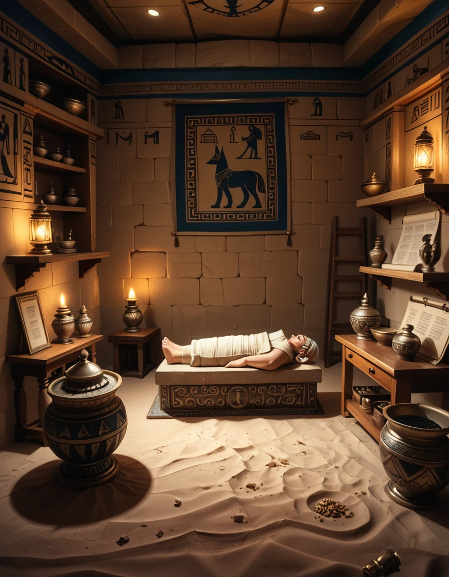 score_9, score_8_up, score_7_up,amazing quality, ultra realistic, 3D, HD, best quality, amazing quality, very aesthetic, absurdres
A highly detailed and realistic photograph of an ancient Egyptian embalming chamber, dimly lit by flickering oil lamps. The chamber is deep within a sandstone temple, with intricate hieroglyphs and sacred carvings covering the walls, depicting the journey to the afterlife. The air is thick with incense smoke, creating a mystical atmosphere.
At the center of the chamber, a partially mummified body rests on a ceremonial stone slab, surrounded by priests dressed in traditional linen robes and golden jewelry. One priest carefully applies resin while another holds a sacred Anubis-headed jar containing preserved organs. Canopic jars, filled with embalmed remains, are neatly arranged nearby, their lids intricately carved with the heads of Horusâ sons.
The dim golden light casts long shadows, emphasizing the eerie yet sacred ambiance. Wooden shelves line the walls, holding papyrus scrolls, ritualistic tools, and delicate amulets meant to protect the soul in the afterlife. Dried herbs, natron salt, and precious oils are scattered across the workspace, reflecting the meticulous nature of the mummification process.
The perspective draws the viewer into the scene, as if witnessing an ancient, secret ritual frozen in time. The texture of the stone walls, the soft folds of linen, and the shimmering glow of gold artifacts create a hyper-realistic and immersive photographic quality.
<lora:Egyptian_3mb4lm1ng_ch4mb3r-p:1>,Egyptian 3mb4lm1ng ch4mb3r