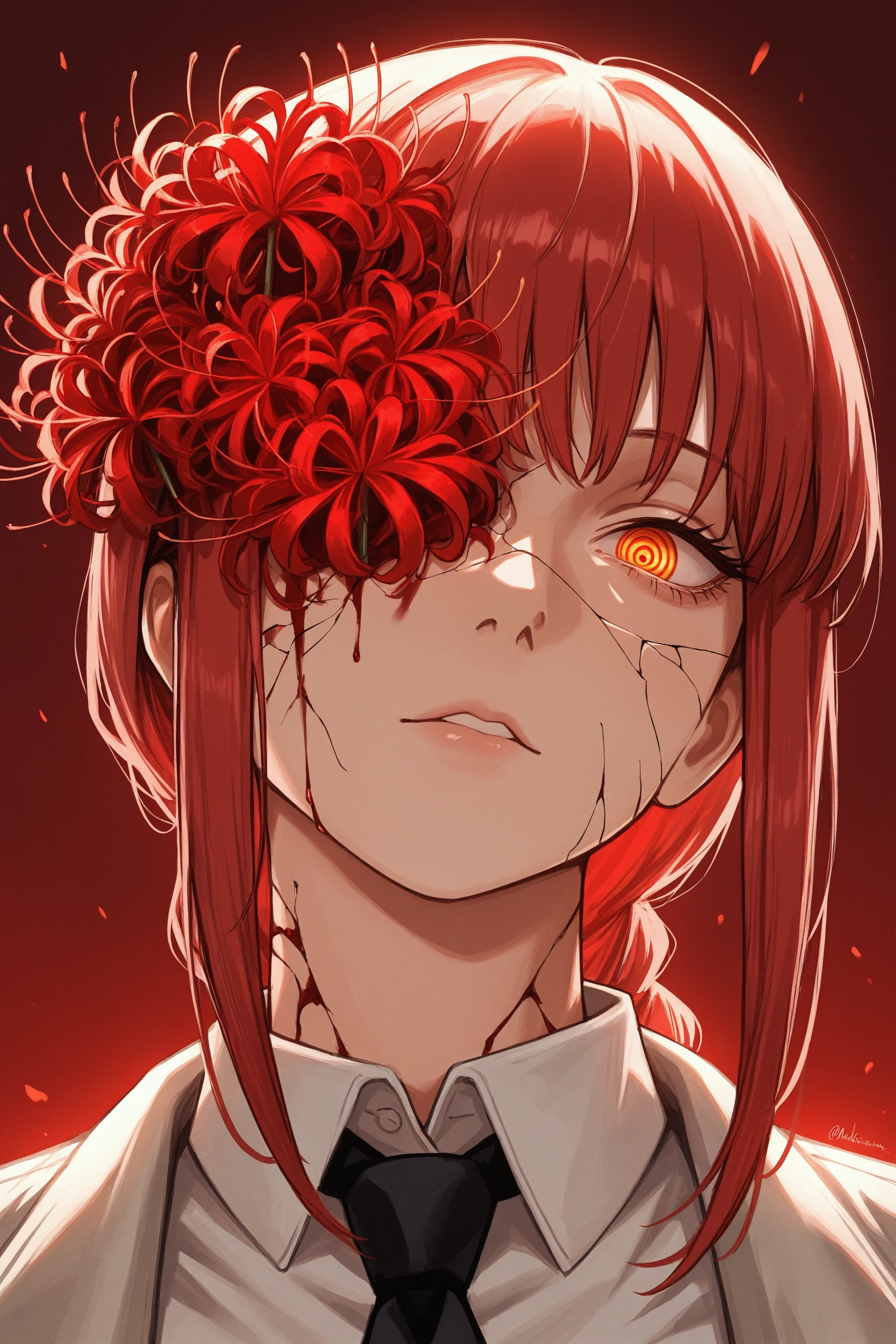 masterpiece, best quality, absurdres, safe
1girl, makima \(chainsaw man\),
portrait, cracked skin, flower over eye, red spider lily, blood, simple background
<lora:inward_itwasleo_il_2_d16_v2:1>