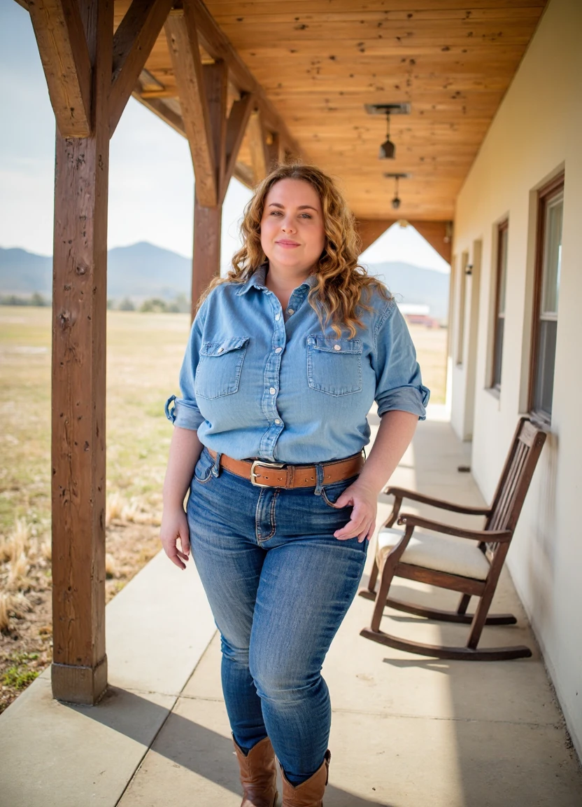 SFW, brightly lit, aidmaimageupgrader, A confident woman posing for a picture on the porch of a ranch, dressed in a stylish yet modest denim outfit. She wears a well-fitted denim button-up shirt with sleeves rolled to her elbows, paired with classic high-waisted denim jeans that complement her figure while maintaining a professional and polished look. A brown leather belt adds a touch of Western charm, and her outfit is completed with sturdy yet stylish cowboy boots. Her hair flows naturally in soft waves, or is neatly tied back in a low ponytail, giving her a relaxed yet put-together appearance. The setting captures the warmth of the ranch atmosphere, with wooden beams, a rustic rocking chair, and an open landscape in the background. She stands with confidence, gazing into the distance or offering a soft, approachable smile, embodying both strength and elegance in a timeless country-inspired style<lora:turbo-8-step-flux.safetensors:0.0:0.0> <lora:flux\custom\adult\real-anna-katz.safetensors:1.05:1.05> <lora:turbo-8-step-flux.safetensors:0.5:0.5> <lora:flux\style\Common\aidmaImageUprader-FLUX-v0.3.safetensors:0.25:0.25>