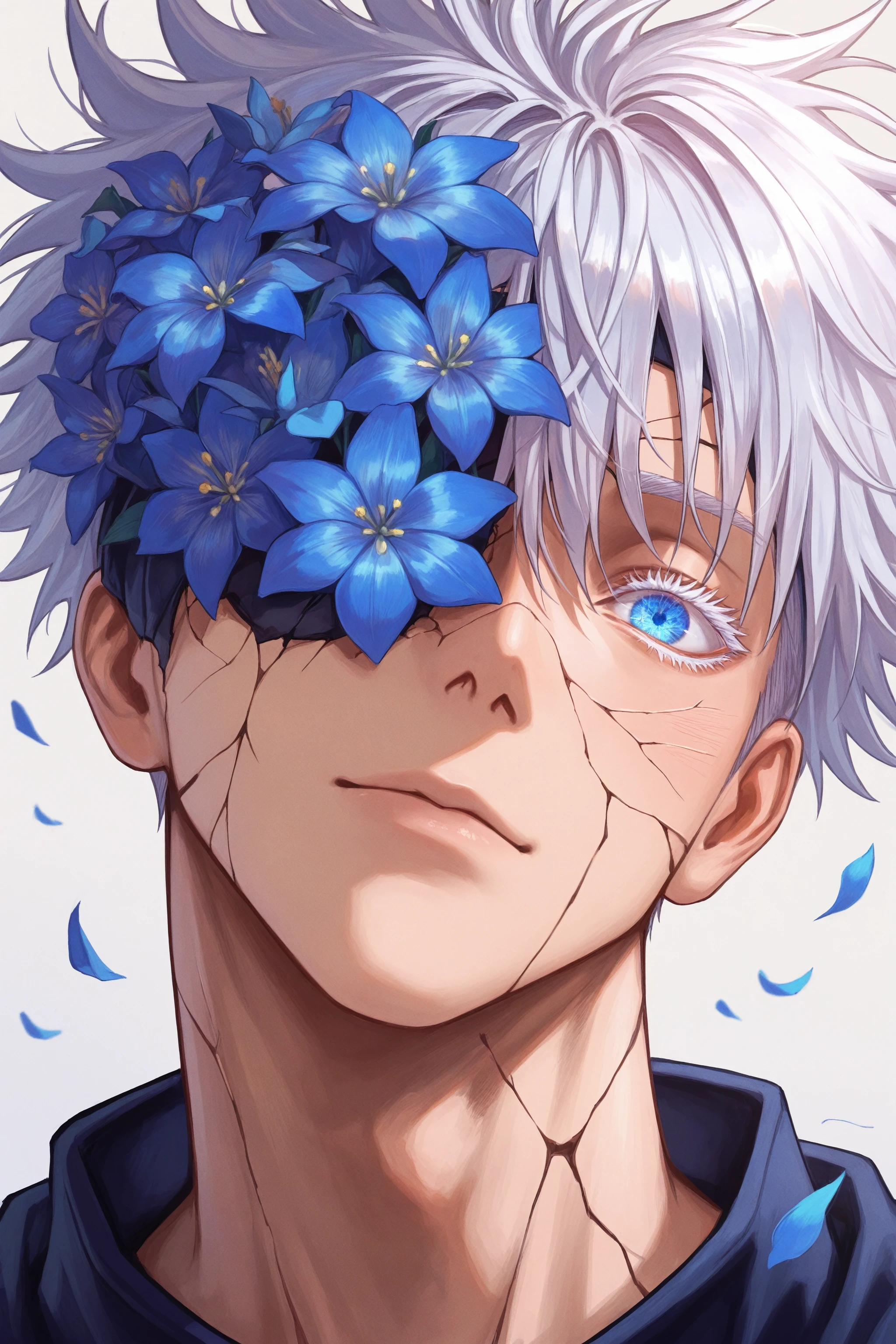 masterpiece, best quality, absurdres, safe
1boy, gojou satoru,
portrait, cracked skin, flower over eye, blue flower
<lora:inward_itwasleo_il_2_d16_v2:1>