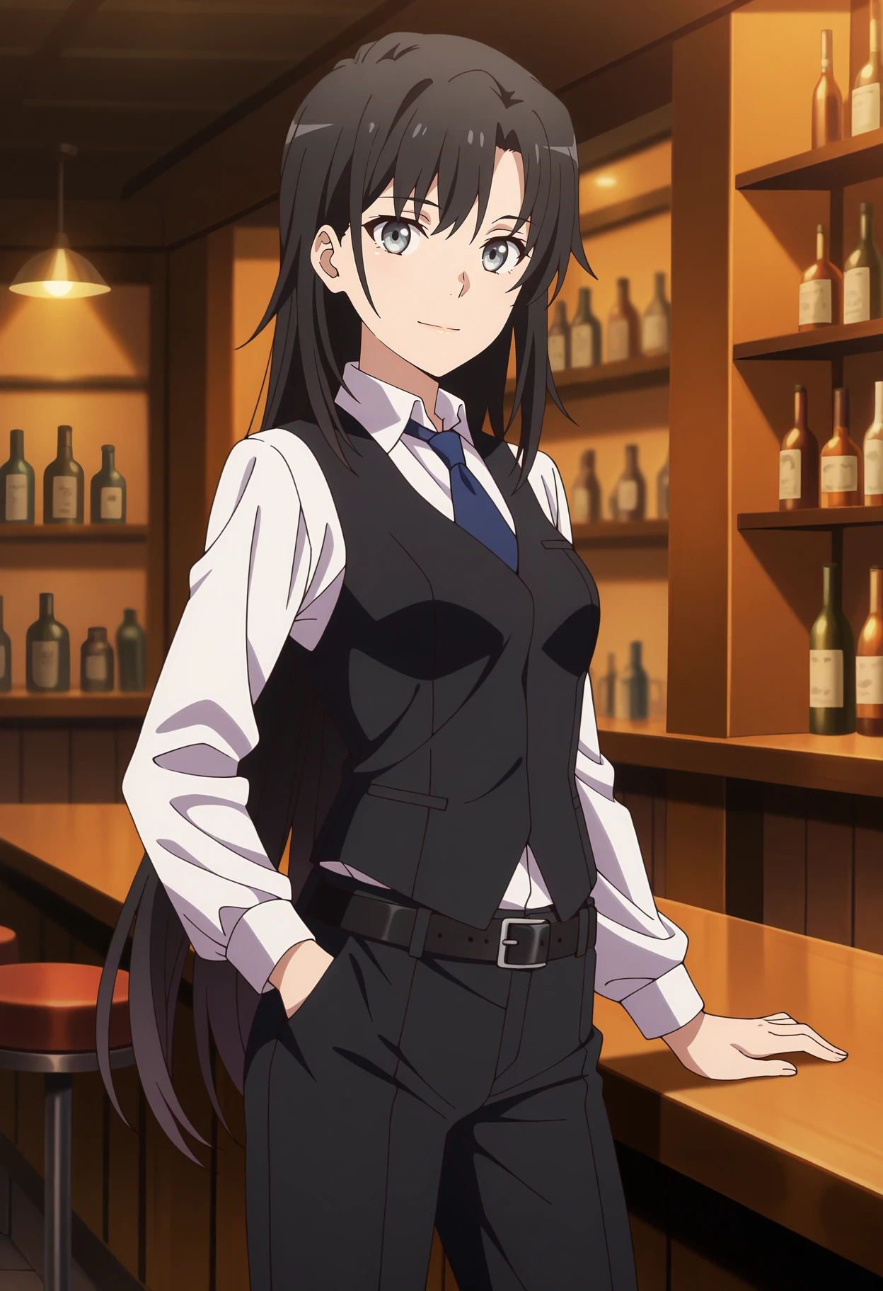 anime screencap, masterpiece, best quality,
<lora:YahariOreNoSeishunLoveComedy_HiratsukaShizuka_IlluXL:0.9>,
1girl, solo, closed mouth, light smile,
long hair, black hair, grey eyes,
black vest, white shirt, blue necktie, long sleeves, black belt, black pants,
cowboy shot, standing, looking at viewer,
bar \(place\), outdoors, blurry background