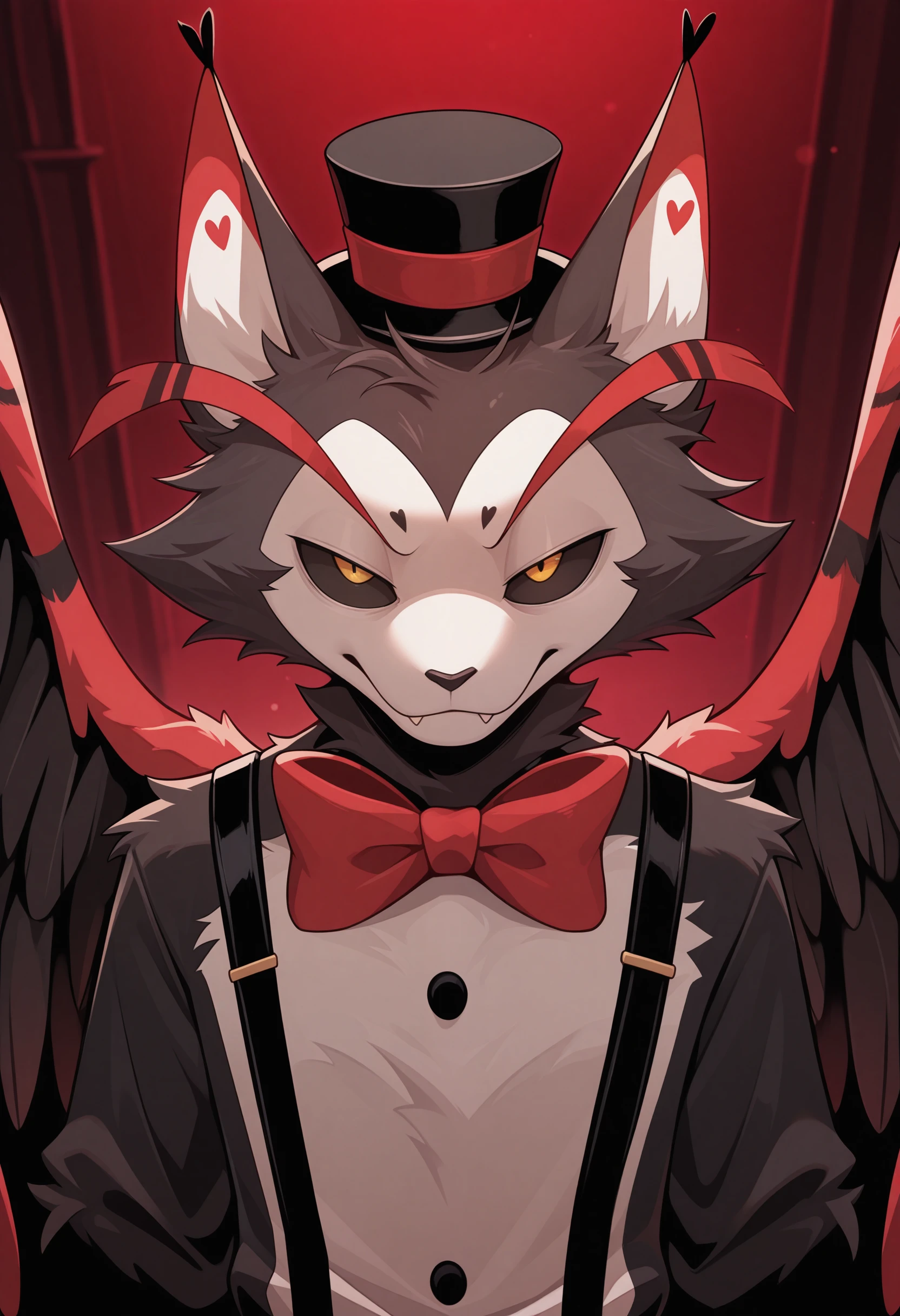 masterpiece, best quality, amazing quality, solo, 1boy, HuskHH, close up, bowtie, wings, hat, suspenders