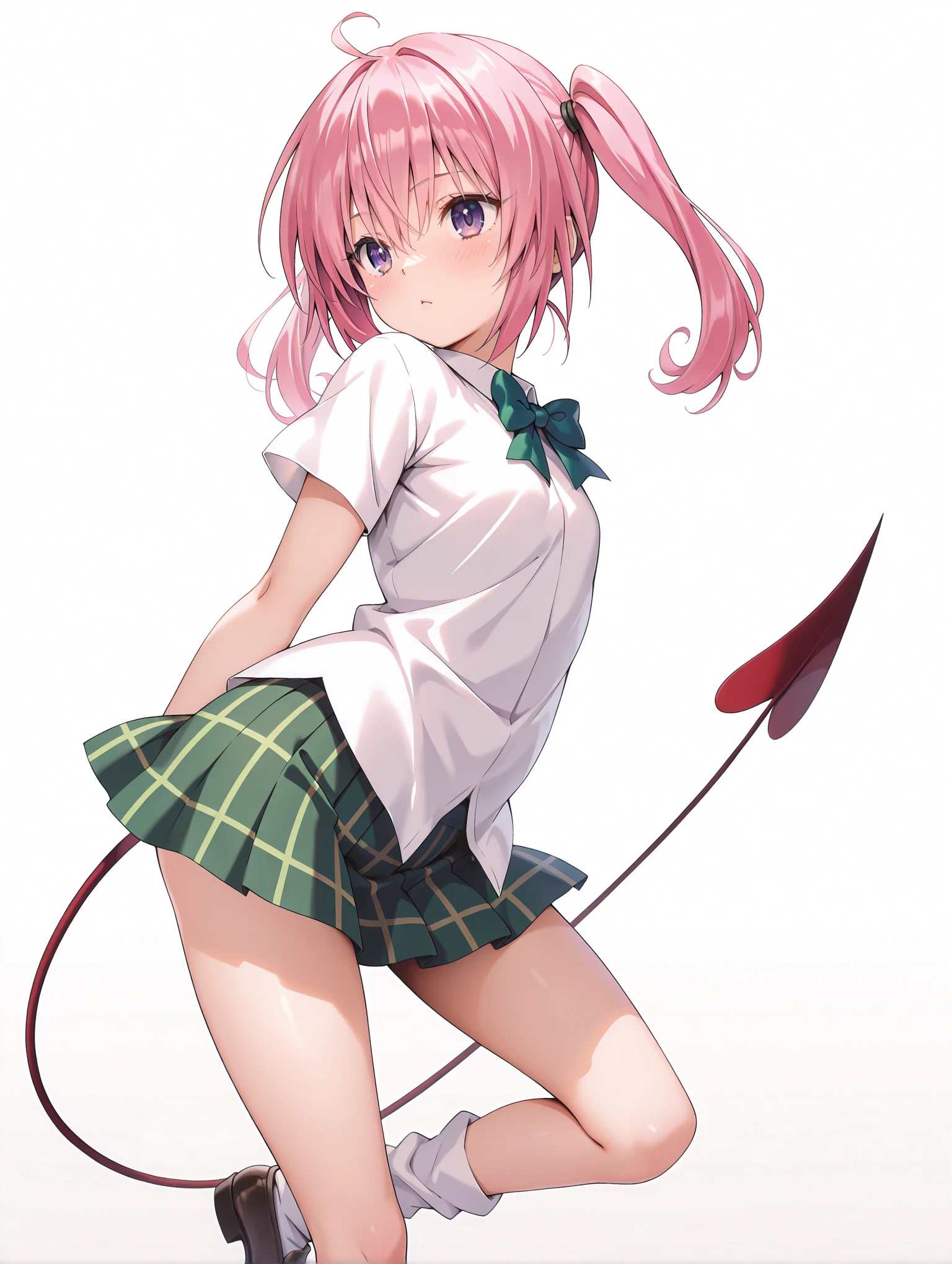 masterpiece,best quality,newest,
1girl,solo,
<lora:nana_ilxl_v1:1>,nana,pink hair,purple eyes,twintails,hair down,n_clothes,green bowtie,short sleeve blouse,white blouse,green plaid skirt,demon tail,loose_socks,loafers,
<lora:Fixhands_anime_bdsqlsz_V1:1>,white_background,simple_background,