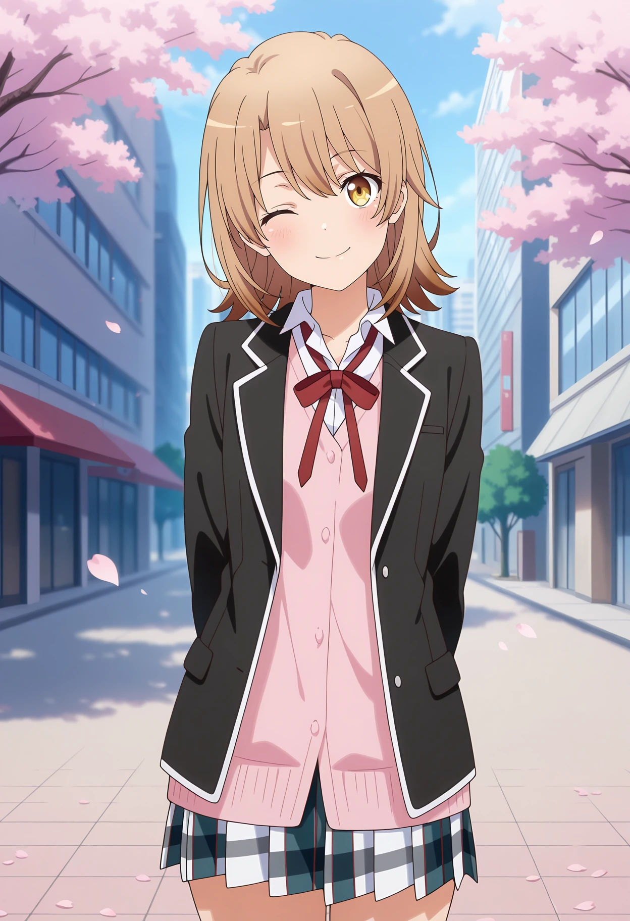 anime screencap, masterpiece, best quality,
<lora:YahariOreNoSeishunLoveComedy_IsshikiIroha_IlluXL:0.9>,
1girl, solo, closed mouth, smile, blush, one eye closed,
medium hair, multicolored hair, light brown hair, brown hair, yellow eyes, hair between eyes,
open jacket, black jacket, collared shirt, white shirt, pink sweater, neck ribbon, red ribbon, long sleeves,
plaid skirt, pleated skirt, multicolored skirt,
arms behind back, head tilt, thighs,
cowboy shot, standing, looking at viewer,
cherry blossoms, petals, building, city, outdoors, blurry background
