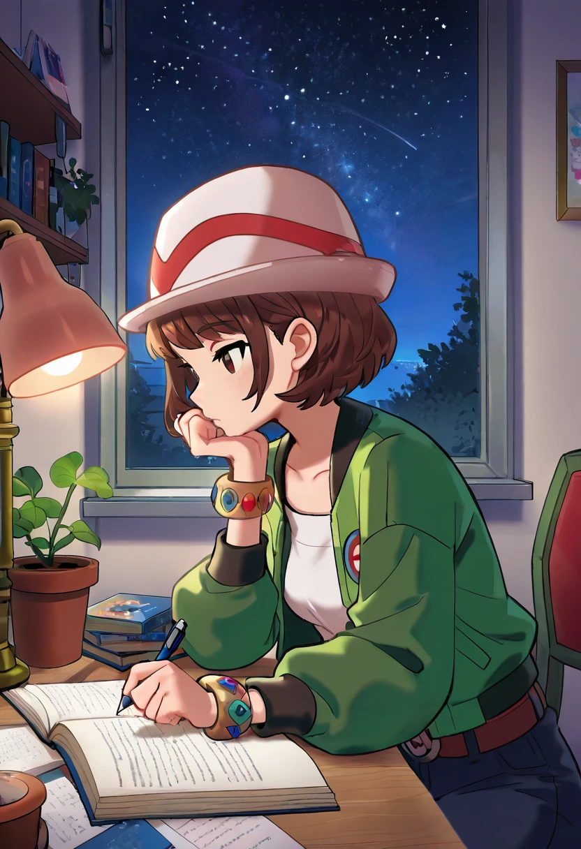 masterpiece, best quality, solo, curvy, beautiful eyes, zzMC, brown eyes, brown hair, short hair, medium hair, white headwear, green jacket, long sleeves, open jacket, white shirt, collarbone, pants, bracelet, belt buckle, , <lora:ProtagonistFPokemonZA_IXL_v1:1.0>,, zzLofi, sitting, side view, desk, chair, book, bookshelf, head rest, holding, holding pen, lamp, night, open book, pen, plant, potted plant, sky, star (sky), starry sky, window, windowsill, writing, <lora:LofiGirl_Style_IXL:0.8>,