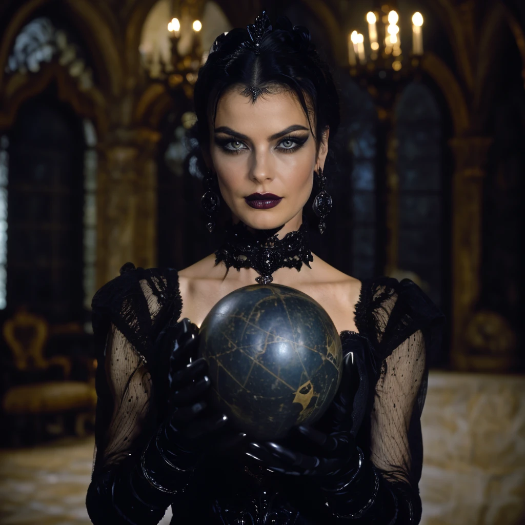<lora:GothicDarkFantasyMovie:1> ArsMovieStill, Gothic Dark Fantasy movie still, The image is a portrait of a woman dressed in a dark and eerie outfit. She is standing in a room with a chandelier and a large window in the background. The woman is wearing a black dress with a high neckline and long sleeves and her hair is styled in a dramatic updo with a crown on top. She has dark makeup and red lipstick. In her hands she is holding a large round black crystal ball with intricate designs on it. The ball appears to be glowing with a golden light. The overall mood of the image is dark and mysterious., 1girl, black hair, solo, jewelry, earrings, makeup, gothic, long hair, gloves, dress