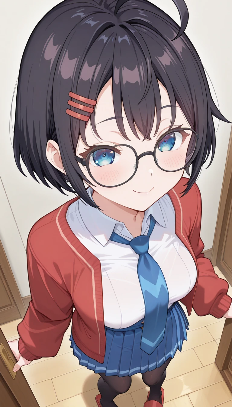 (masterpiece),best quality,amazing quality,very aesthetic,absurdres,newest,perfect body,shiny skin,perfect eyes,detail1eye,well-defined fingers,well-defined fingernails,anime style,indoors,1girl,solo,upper body,(portrait:1.5),looking at viewer,facing viewer,smile,blush,Tokidoki Bosotto Russia-go De Dereru Tonari No Alya-san anime style,Mila,ahoge,short hair,black hair,messy hair,bob cut,hair ornament,hairclip,parted bangs,blue eyes,black-framed eyewear,red cardigan,open cardigan,white shirt,collared shirt,blue necktie,long sleeves,medium breasts,skindentation,shirt tucked in,high-waist skirt,blue skirt,pleated skirt,pigeon-toed,black pantyhose,slippers,red footwear,<lora:Mita(miside)-Illus-Remake:1.8>,<lora:Tokidoki Bosotto Russia-go De Dereru Tonari No Alya-san anime[style]-Illus:1.8>,