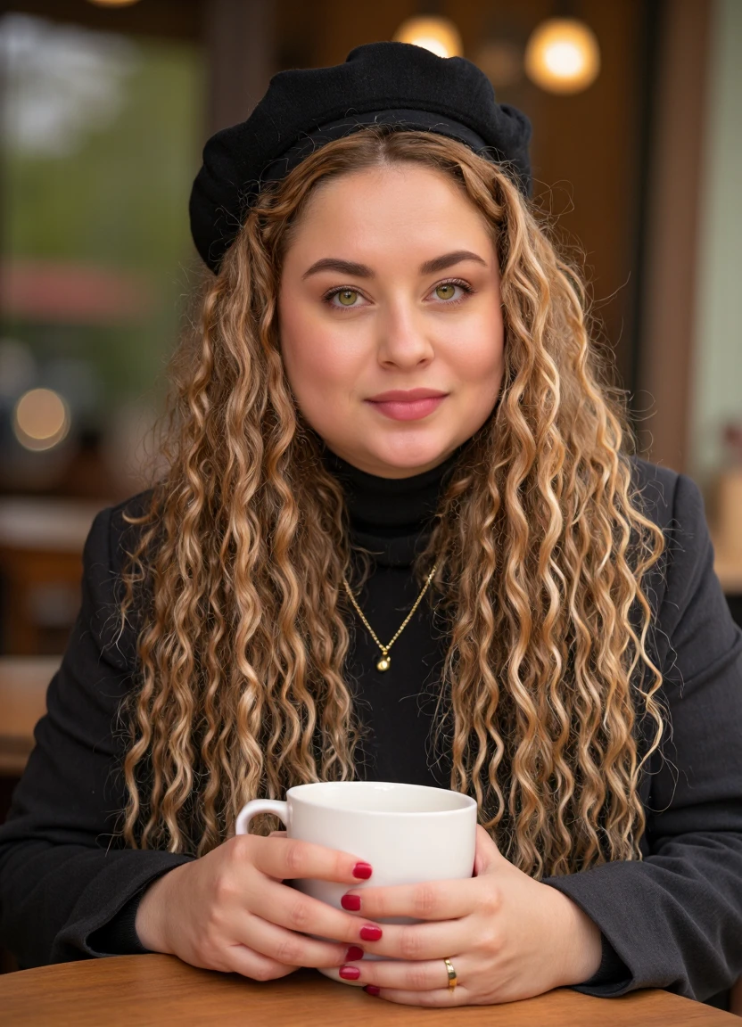 SFW, brightly lit, aidmaimageupgrader, A portrait of a woman seated at a table in an outdoor cafe. She wears a blazer and a black turtleneck sweater, accessorized with a black beret and a gold necklace with a pendant. She holds a white mug in her hands. Her nails are painted a vibrant red. The background is blurred, highlighting the woman as the main subject. The warm color palette is dominated by reds, blacks, and golds, creating a cozy and inviting atmosphere., looking at viewer, eyelashes, fine hair detail, entire hairstyle visible, perfect eyes with iris pattern, sensual lips, nose, (perfectly sharp:1.3), realistic textures, (deep focus:1.5), 8k uhd, dslr, ultra high quality image, film grain, Fujifilm XT3<lora:pony\Letha_Weapons_Pony_-_Adult_Actress_and_Model.safetensors:1.0:1.0> <lora:flux\custom\adult\real-anna-katz.safetensors:1.05:1.05> <lora:turbo-8-step-flux.safetensors:0.5:0.5> <lora:flux\style\Common\aidmaImageUprader-FLUX-v0.3.safetensors:0.25:0.25>