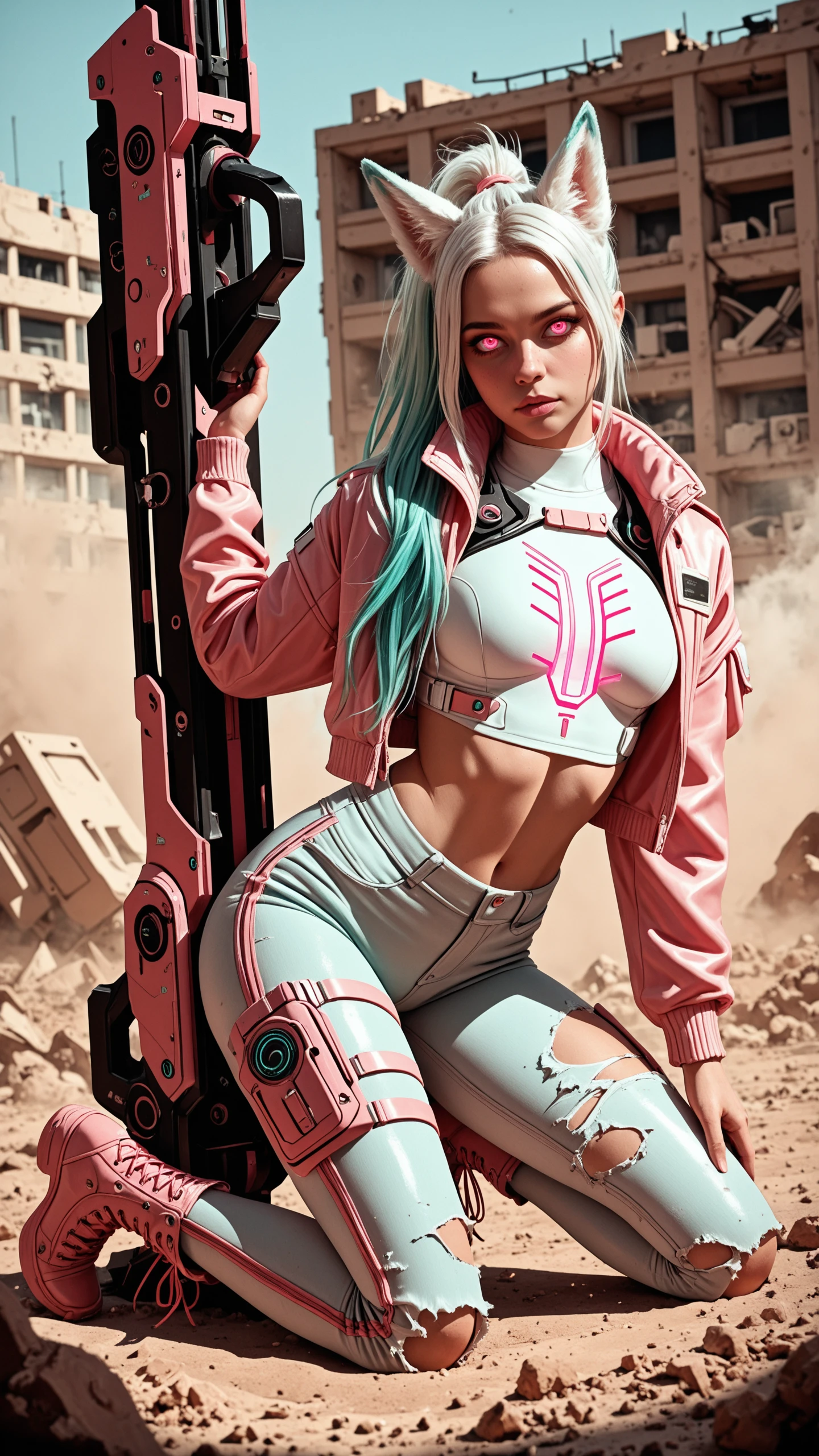 masterpiece, best_quality, amazing_quality, very_aesthetic, absurdres, detailed_eyes, vibrant_colors, realistic, monochromatic_colors, 1girl, white_hair, turquoise hair, long hair, ponytail, fox_ears, pink_eyes, techwear, jacket, torn_top, torn_pants, pants, lace-up_boots, kneeling, leaning_on_weapon, pink_accent_weapon, huge_weapon, planted, glowing, scifi, dynamic_angle, looking_at _viewer, Glitch_Art, selfconfidence, ruin, (dust:1.1)