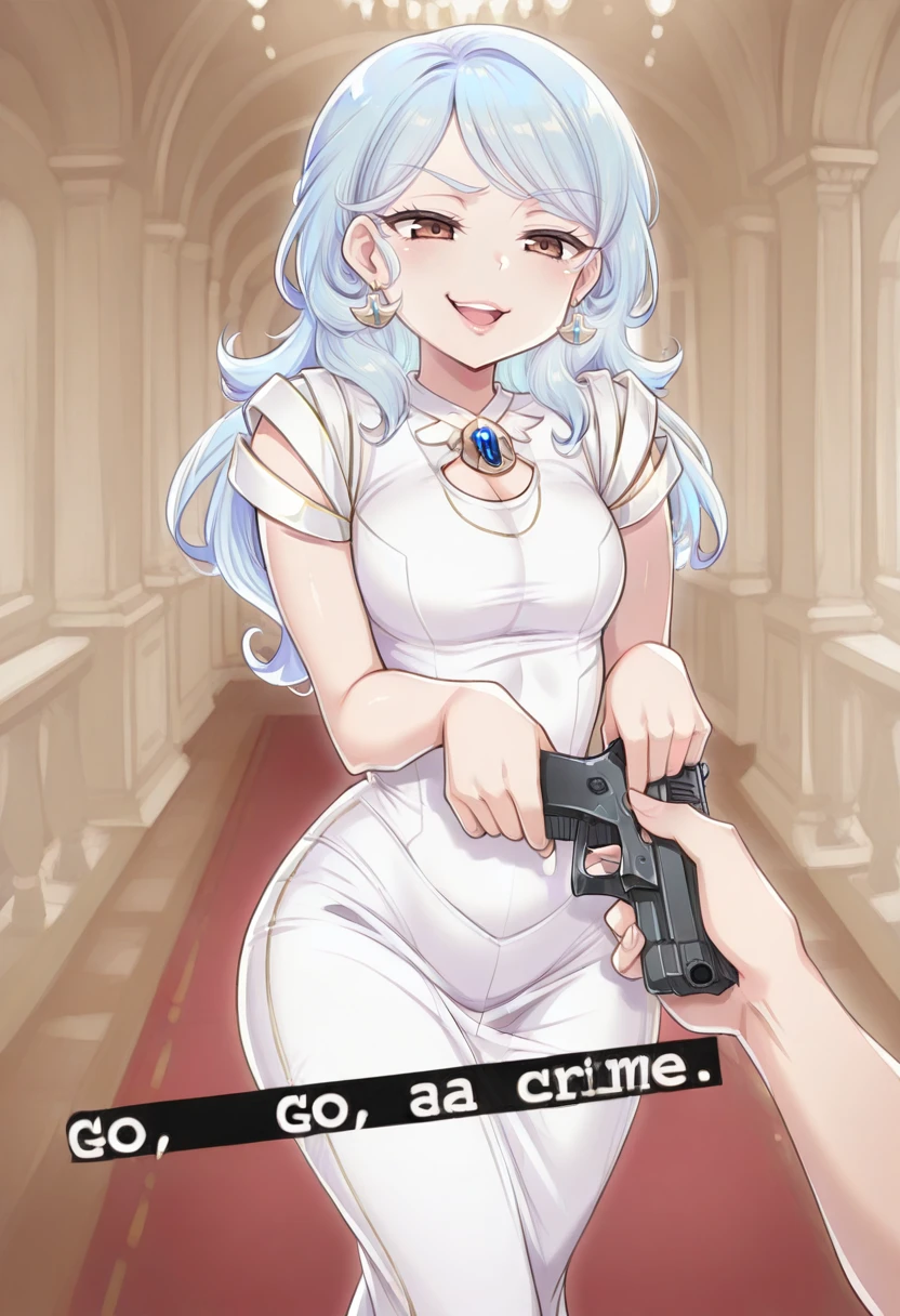 <lora:aisling duval illustrious v1.0:1> 1girl, woman, aisling duval, long light blue hair, brown eyes, brooch, jewelry, white dress, gold ornement on dress, prysmatic dress, prysmatic, short arms sleeves, decoration on shoulders, <lora:go_do_a_crime_meme:1> go_do_a_crime_(meme), smile, open mouth, pov, handgun,, score_9, score_8_up, score_7_up, score_6_up, masterpiece, best quality, amazing quality, very aesthetic, absurdres, newest,, safe, rating_safe, wearing clothes, covered body, source_anime, 2d, manga, 1girl, solo, solo focus, female focus, one character in picture, solo in picture, smirk, half closed eyes, horny, aggressive look, smile, happy, pervert look, pervert, lips