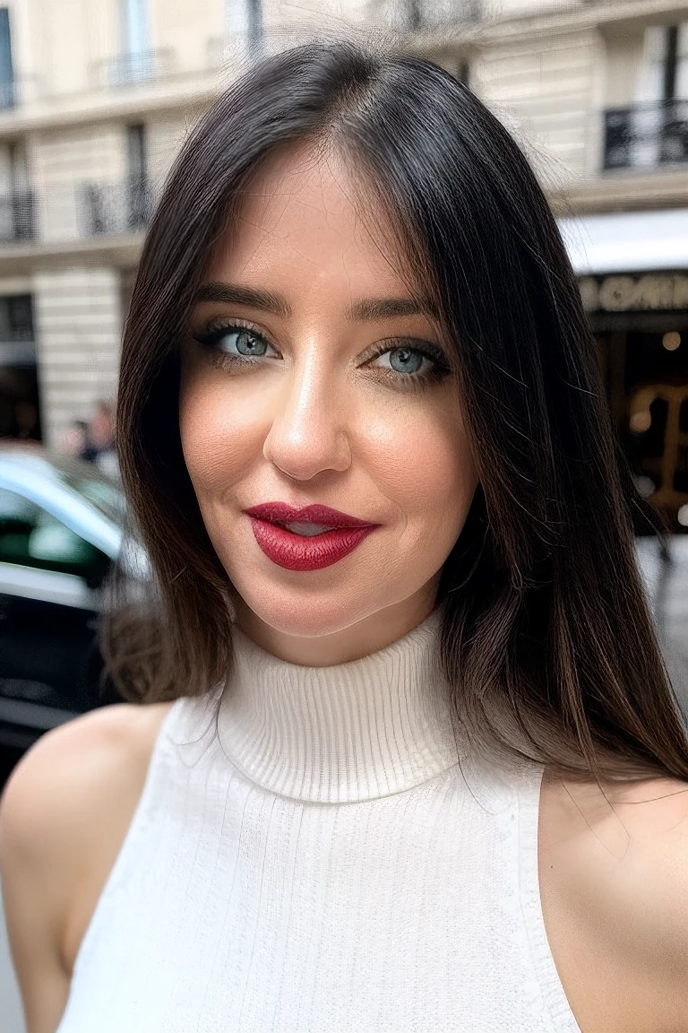 dorofeeva,cinematic, epic, parted lips <likenesshelpbyshurik3>, <eyedetail>,lipstick, white dress, RAW photograph, green socks, ((black hair)), paris sidewalk, depth of field, parted lips
