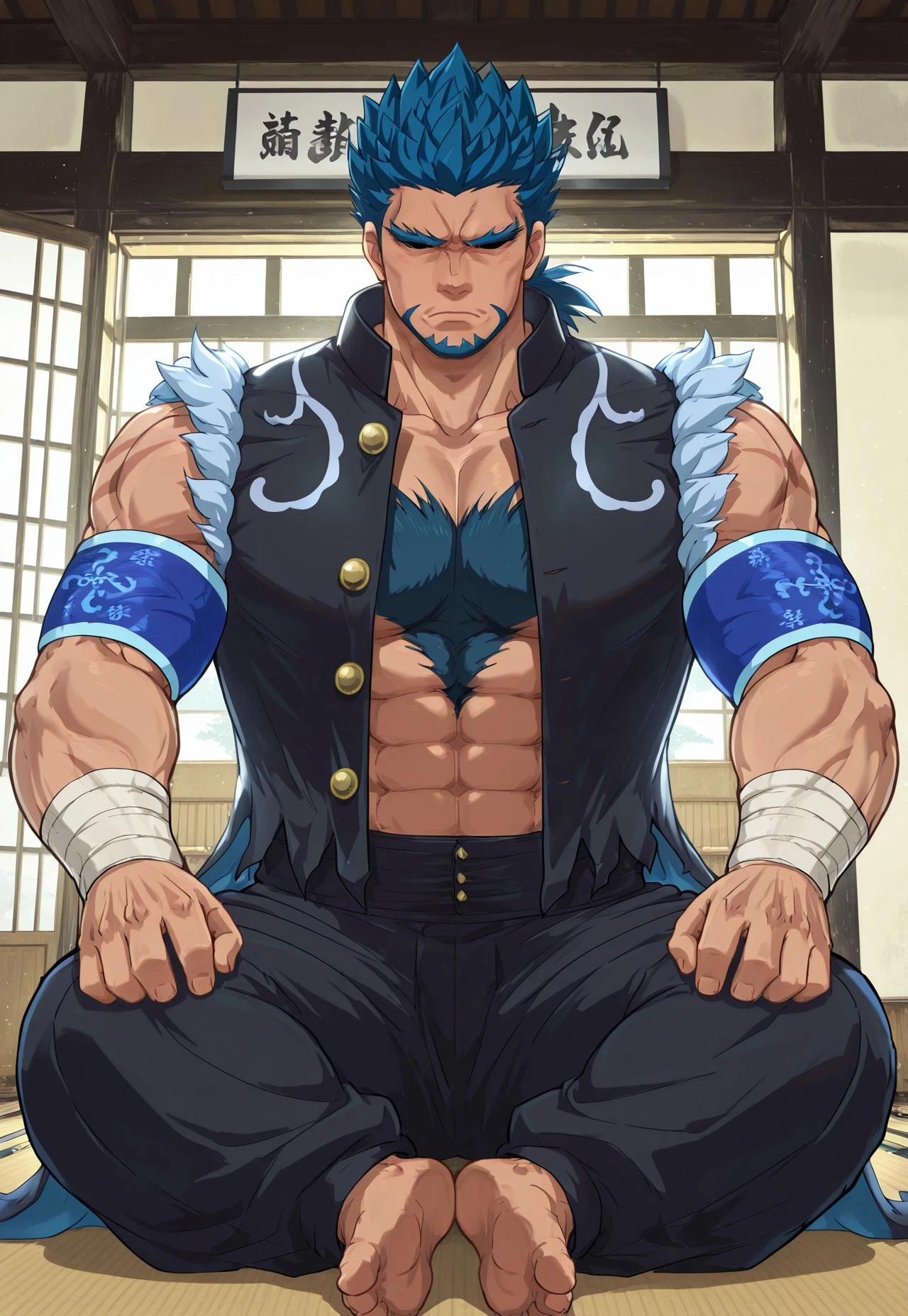 safe_pos, high quality, high detail, best quality, 1boy, solo, male focus, bara, male, Kenichiro, blue hair, spiked hair, short hair, ponytail, thick eyebrows, shadow eyes, facial hair, thick chest hair, body scars, scars all over, KenichiroOutfit, black tailcoat, large collar, open shirt, sleeveless, blue armbands, wrist wraps, black baggy pants, barefoot, seiza, on knees, meditating, meditation, hands on legs, dojo, dim lighting, neutral facial expression, large pectorals