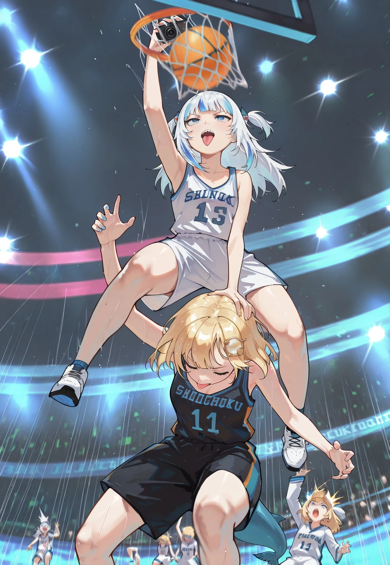 masterpiece, best quality,
dunkonem,
2girls, gawr gura, watson amelia,
basketball uniform,
basketball, slam dunk (basketball), jumping,
hand on another's head, tongue out,
basketball (object),
motion blur, camera flash,
comic cover, cover image, stadium