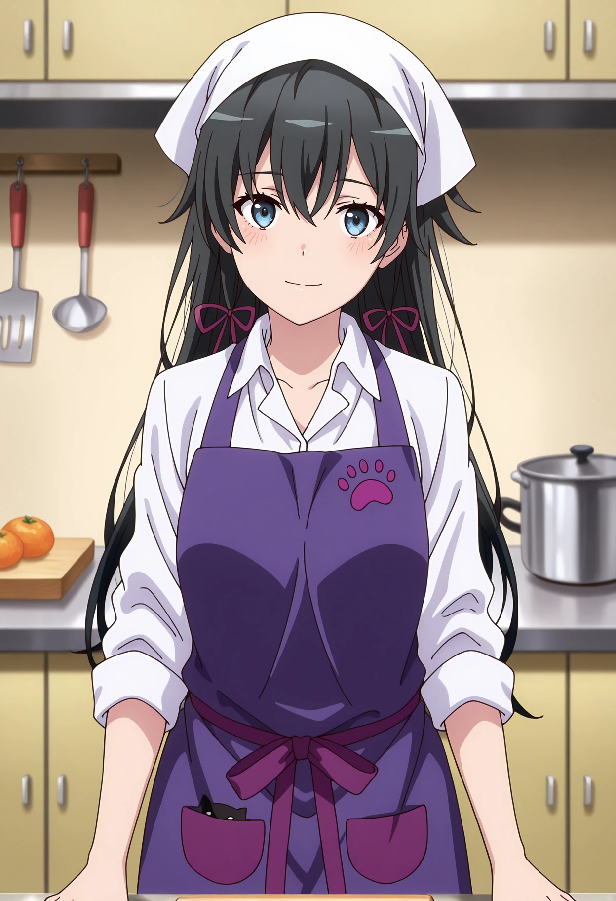 anime screencap, masterpiece, best quality,
<lora:YahariOreNoSeishunLoveComedy_YukinoshitaYukino_IlluXL:0.9>,
1girl, solo, closed mouth, blush, light smile, head tilt,
long hair, black hair, blue eyes, hair between eyes, hair ribbon,
YukinoApron, headscarf, white headwear, collared shirt, white shirt, purple apron, long sleeves, sleeves rolled up, paw print,
cowboy shot, standing, looking at viewer,
kitchen, cutting board, indoors, blurry background