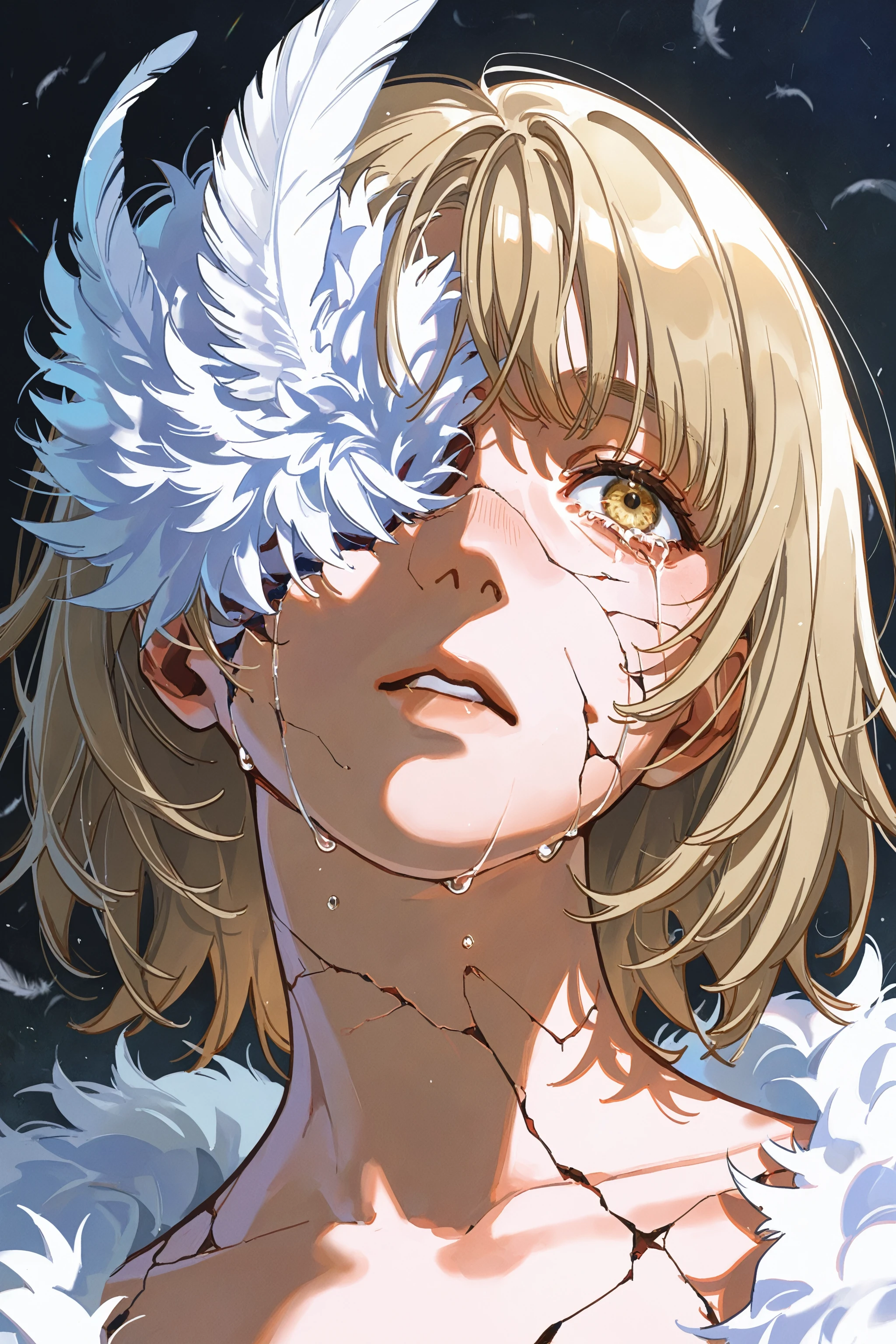 masterpiece, best quality, absurdres, safe
1girl, falin thorden,
portrait, cracked skin, white feathers, [flower over eye,::0.05]
[yellow eyes,::0.3]
[:streaming tears, tears,:0.4]
arist:yoneyama mai
<lora:inward_itwasleo_il_2_d16_v2:1>