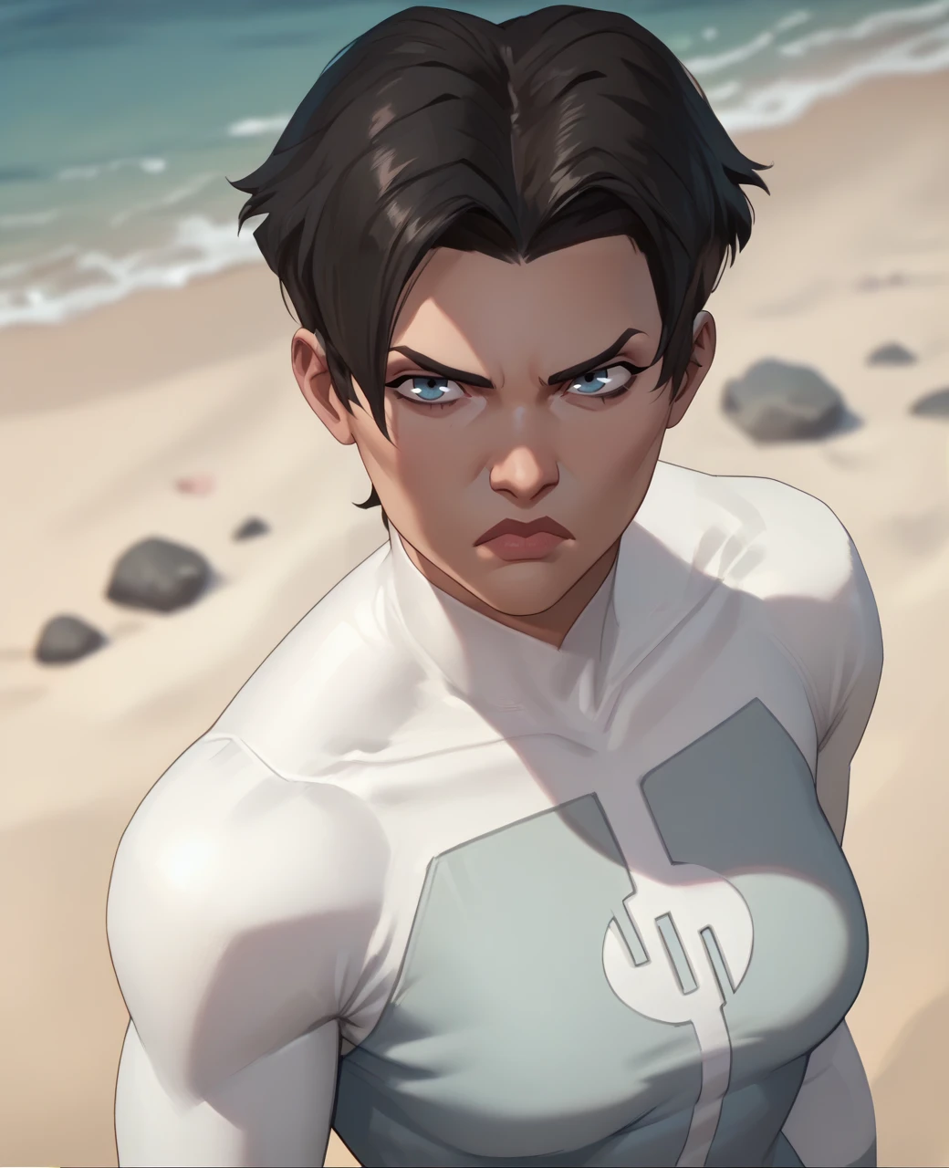 score_9,score_8_up,score_7_up,score_6_up,score_5_up,score_4_up,
anissaxl,black hair,blue eyes,short hair,serious,
bodysuit,
looking at viewer,
beach,standing,upper body,
<lora:anissaxl-IV12v62:1>,