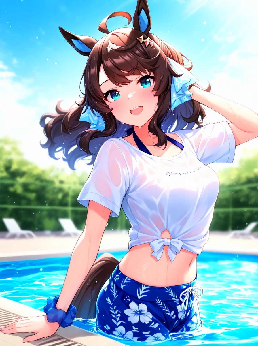 masterpiece, best quality, absurdres,ultra detailed,floating hair,
daring tact\(umamusume\), 1girl, horse ears, horse tail, looking at viewer, blush, long sleeves, hair ribbon, gold star star-shaped hairclip
gaze on me(clothes), horse tail, floral print blue swim trunks, pool, water, wet, single wrist blue scrunchie, blurry background, navel, day, wet clothes, midriff, partially submerged, tail through clothes, white tied t-shirt, blue halterneck, clothes english text writing, halterneck bikini top under t-shirt
looking at viewer,from side,
open mouth, big smile,
outdoors,sky, sun, (light particles:1.3),
<lora:ILL_common_ver0.17:1.0>
<lora:ILL_daring_tact_ver1.0:0.7>