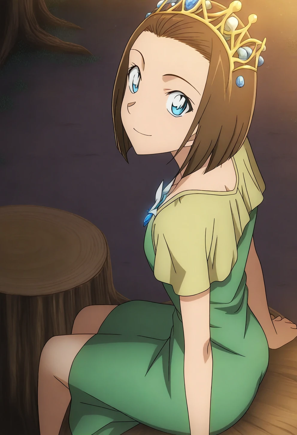 <lora:Sonoko Suzuki - [Detective Conan] - illustriousXL v1:1>, sysdeep_sonoko, 1girl, solo, short hair, blue eyes, brown hair, bob cut, forehead, anime coloring, 1girl, solo, enchanted_meadow, glowing_mushrooms, floral_crown, sitting_on_tree_stump, twilight_glow, peaceful_smile, anime coloring