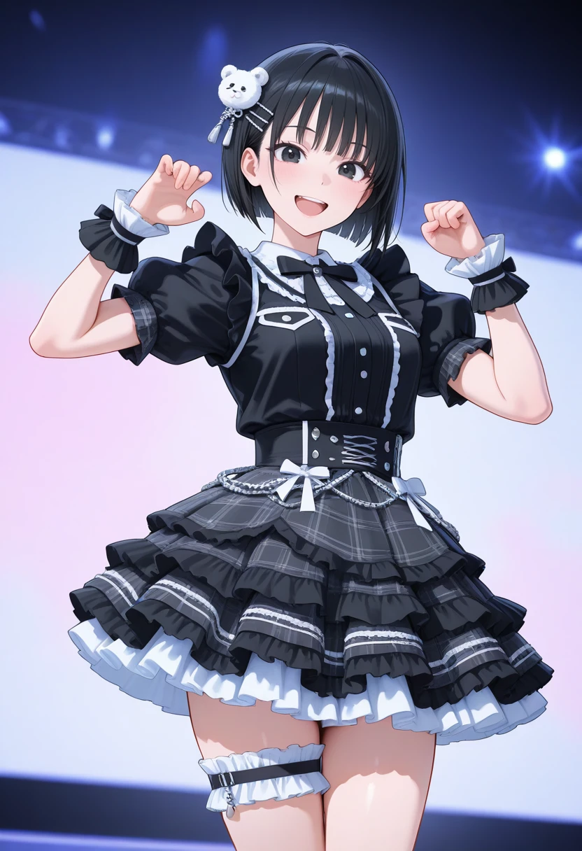 masterpiece,best quality,amazing quality, very aesthetic, ((outlined outlined vector graphics)), cute face, (glow eyes:0.5) , looking at viewer, cowboy shot,
1girl,20yo, black hair, black eyes, short bob hair, hair pin,mdeium breast, slender,(white thigh strap:1.1),
black clothes, (focus female), happy ,action pose , (clothed:1.1),
idol, idol outfit, japanese-idol-outfit, clothed, frilled dress,, idol stage, , open eyes , ,
, <lora:idol-outfit-il-20:1.0>