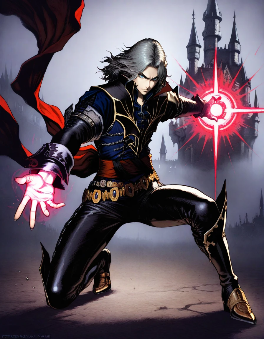 Masterpiece, hires, detailed face and eyes, ayami kojima style, ultra quality, cel-shaded, sharp lines, dry shading, Beautiful background, castle, dark castle, fog, 1boy, hector_castlevania, blue_eyes, full body , angry face, angry expression, <lora:Castlevania_Hector_-_Curse_of_Darkness:0.80> action magic, prepare magic with hands , levitate, pose god,