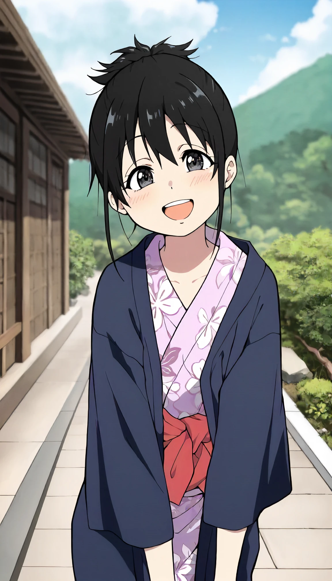 <lora:JD_sayoXLIllustrious001>,
masterpiece,best quality,good quality,newest,
outdoors,
smile,open mouth,
looking at viewer,
anime coloring,
sayo\(jamidokku!\),1girl,black hair,hair up,black eyes,
standing,
print_kimono,