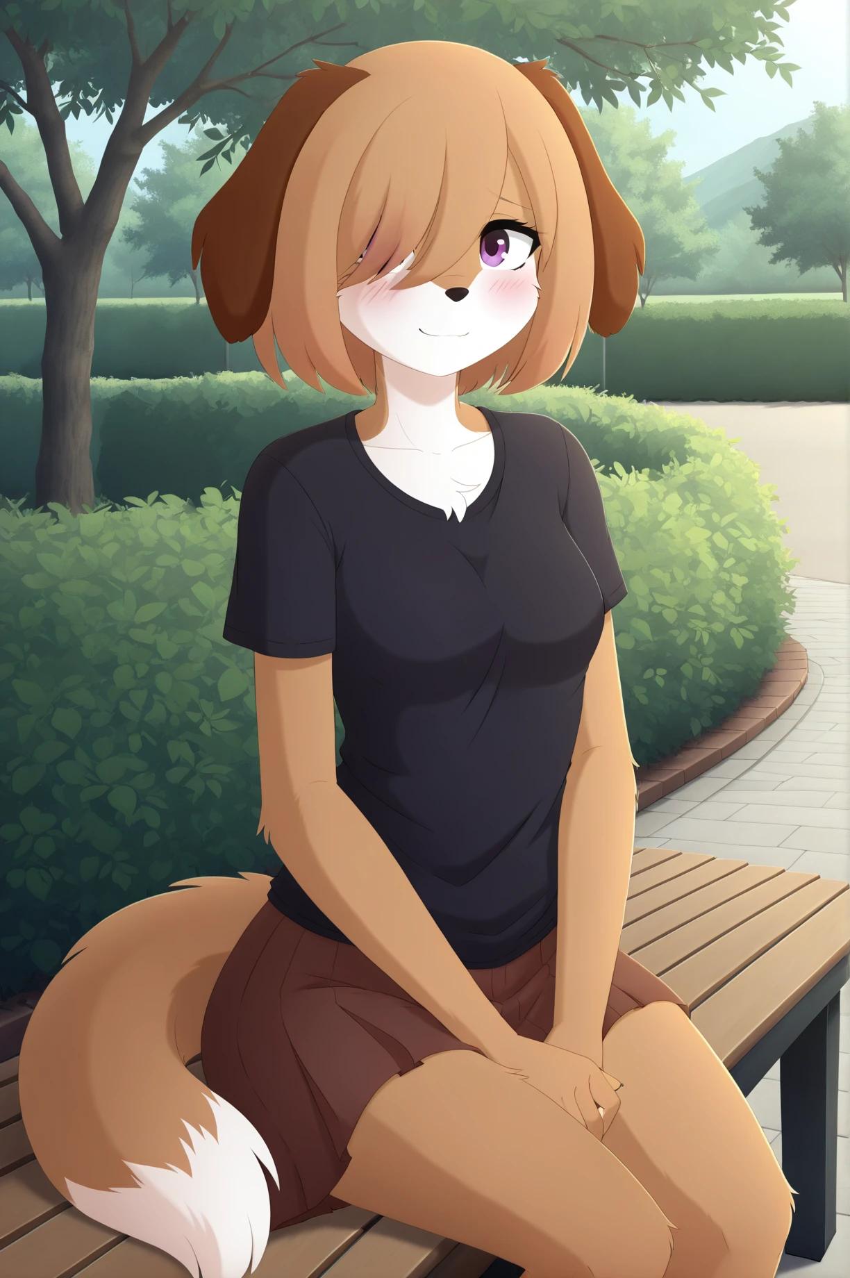 masterpiece, solo, detailed park background, (park background:1.4), interacting with park background, 5 fingers, solo, female, detailed shadow, shadow, detailed eyes, beautiful eyes, detailed eyes, collarbone, defined body, detailed shadow, (medium shot:1.2), (front view:1.2), looking away, anthro, floppy dog ears, dog tail, detailed fur, sitting on bench, T-shirt, skirt, brown fur, short hair, light smile, hair over eye, shy, blush
<lora:HandFixer_pdxl_Incrs_v1:1> handfixer <lora:add_detail:2> <lora:zy_Detailed_Backgrounds_v1:1> Background, Detailed background, scenery, <lora:EiprilArtStyle:1> eiprilartstyle