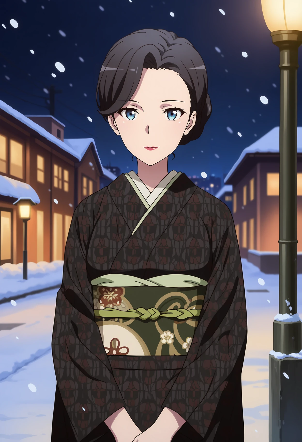 anime screencap, masterpiece, best quality,
<lora:YahariOreNoSeishunLoveComedy_YukinoshitaMama_IlluXL:0.9>,
1girl, solo, closed mouth, light smile,
single hair bun, black hair, blue eyes, red lips,
print kimono, black kimono, yagasuri, shippou (pattern), medium breasts, green sash,
v arms, cowboy shot, standing, looking at viewer,
dark, night, snow, snowing, street, city, lamp post, outdoors, blurry background