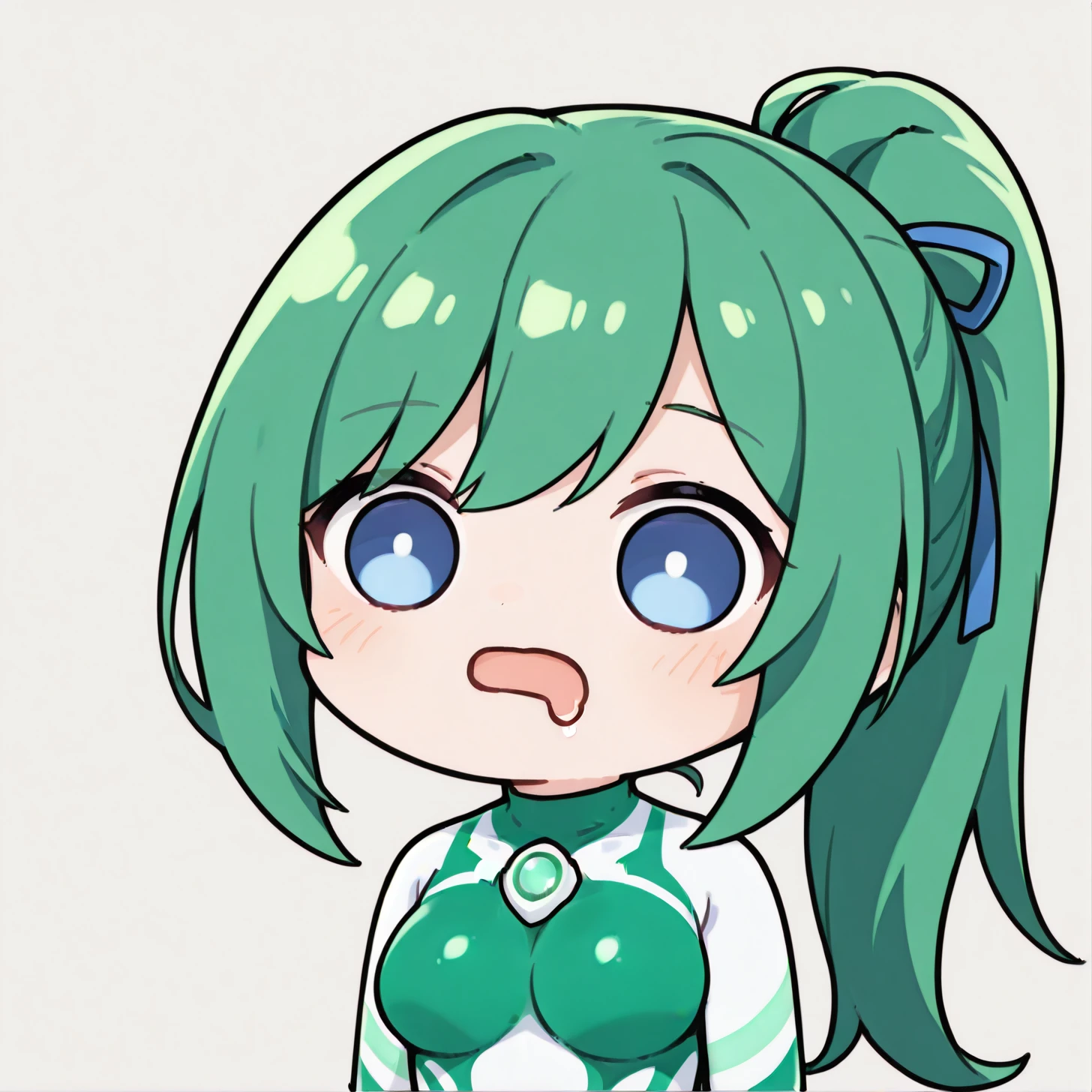 <lora:ultragirl_jue_ill_v1.0:1>,jue,green hair,ponytail,long hair,blue eyes,bodysuit,green chest jewel,white chest jewel,multicolored bodysuit,green body markings,impossible bodysuit,
1girl,solo,
<lora:mouth drool_noob11-xl-e3:1>,chibi,drooling,mouth drool,upper body,open mouth,
BREAK, textless version,