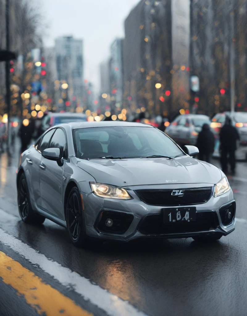 detailed realistic photo of <lora:City_Worlds_01__Roads:1> citybkg, car, from tail, road markings, depth of field, night