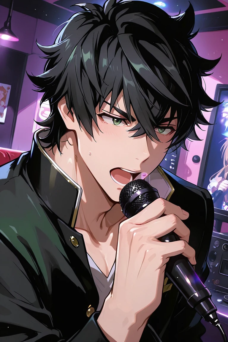 expressive cute face, iwatani naofumi-1male focus, black_iwatani naofumi_hair, green_iwatani naofumi_eyes. looking away, open mouth, shiny skin, holding microphone, singing, one hand on waist, school uniform cosplay, gakuran, indoors, karaoke, close-up, shadow, dynamic angle, dynamic action, atmospheric perspective, depth of field, masterpiece, best quality, amazing quality, very aesthetic, absurdres, newest, very awa