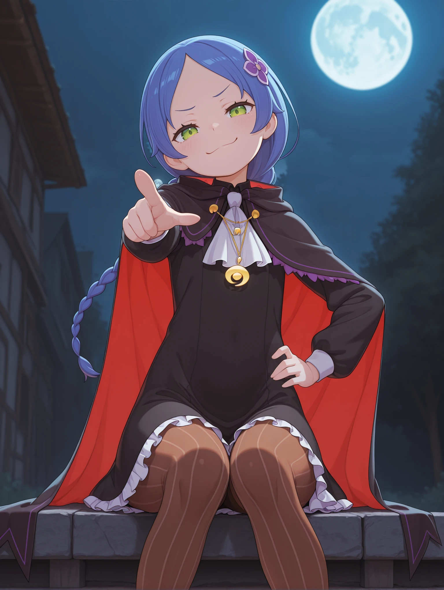 <lora:Meili Illu_1:1>1girl, solo,
4ssassinmeili, blue hair, green eyes, long hair, single braid,
black dress, brown pantyhose, vertical-striped pantyhose, frills, white ascot, black cloak, cape, two-sided fabric, crescent pendant, flower hair ornament,
one hand on hip, smug, night, sitting, pointing at viewer, head tilt, full moon, bats depth of field, outdoors,
<lora:Bartolomeobari Style Illustrious:1>, masterpiece, best quality, amazing quality