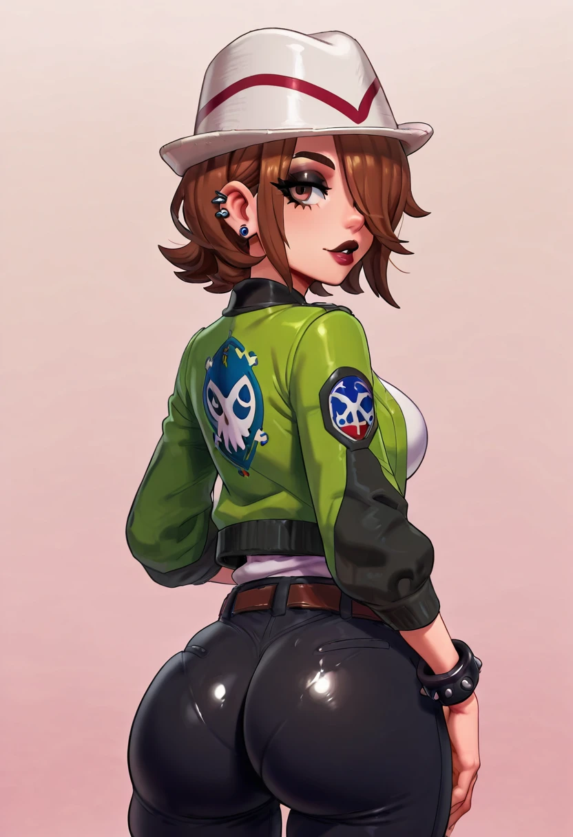 masterpiece, best quality, solo, curvy, beautiful eyes, zzMC, brown eyes, brown hair, short hair, medium hair, white headwear, green jacket, long sleeves, open jacket, white shirt, collarbone, pants, bracelet, belt buckle, , <lora:ProtagonistFPokemonZA_IXL_v1:1.0>,, solo, looking at viewer, simple background, ass, cowboy shot, looking back, from behind, hair over one eye, lips, skindentation, makeup, piercing, cross, lipstick, ear piercing, eyeshadow, shiny clothes, gothic, <lora:ElfFio_IXL_v2:0.8>,