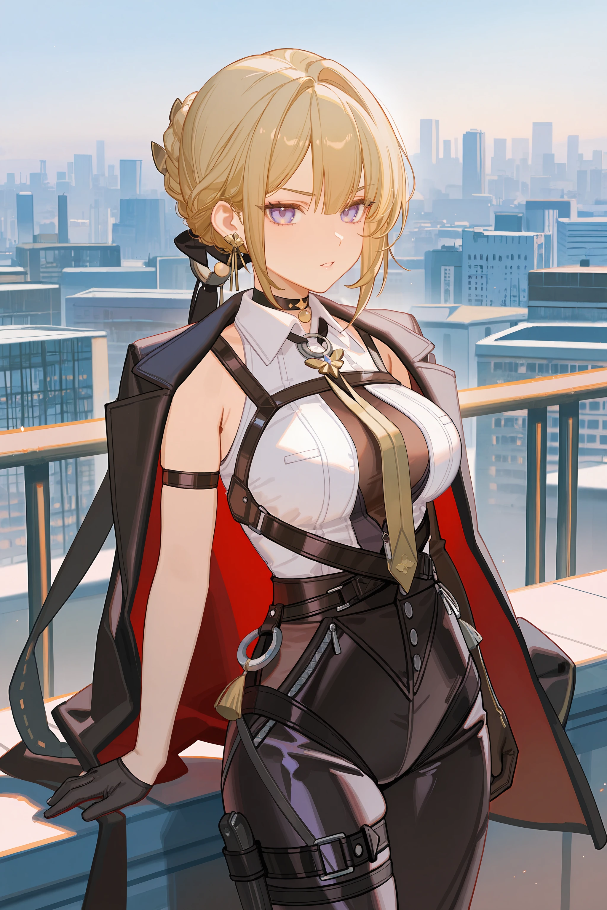 1girl, solo, evelyn chevalier, braided bun, hair up, black hair ribbon, earpiece, thigh holster, high-waist tight pants, black gloves, collared sleeveless shirt, chest harness, arm strap, single gauntlet, yellow necktie, pendant choker, looking at viewer, glaring, parted lips, rooftop, cityscape, skyline, outdoors, depth of field, standing, cowboy shot, black coat, coat on shoulders, <lora:Char-ZZZ-Evelyn-V1-IL:0.9:hr=0.6>, ciloranko, alphonse \(white datura\), ask \(askzy\), gomzi, you shimizu
masterpiece, best quality, amazing quality, very aesthetic, absurdres, newest, (scenery, volumetric lighting)