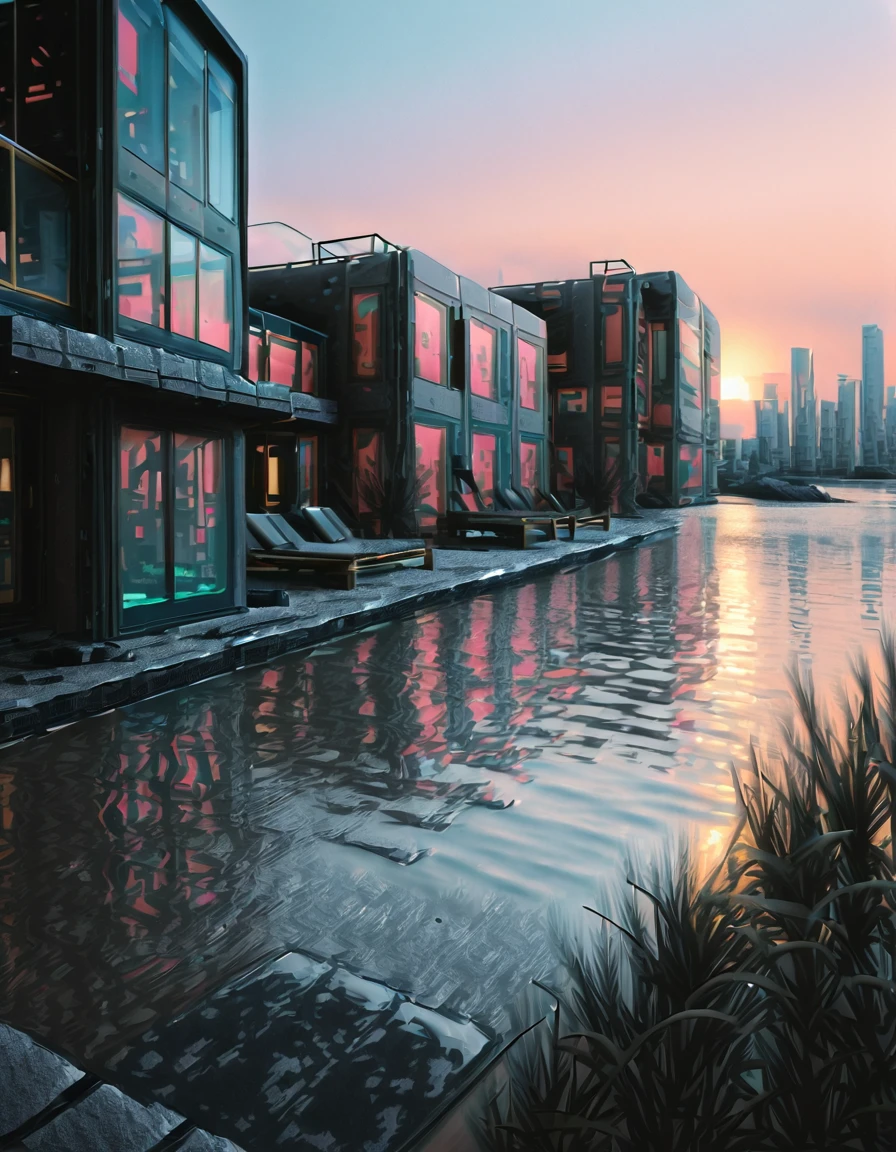 <lora:City_World_01_Minis_housing1b:1> cw01mini, cyberpunk, house, sunset, lake, vegetation, photo, realistic,