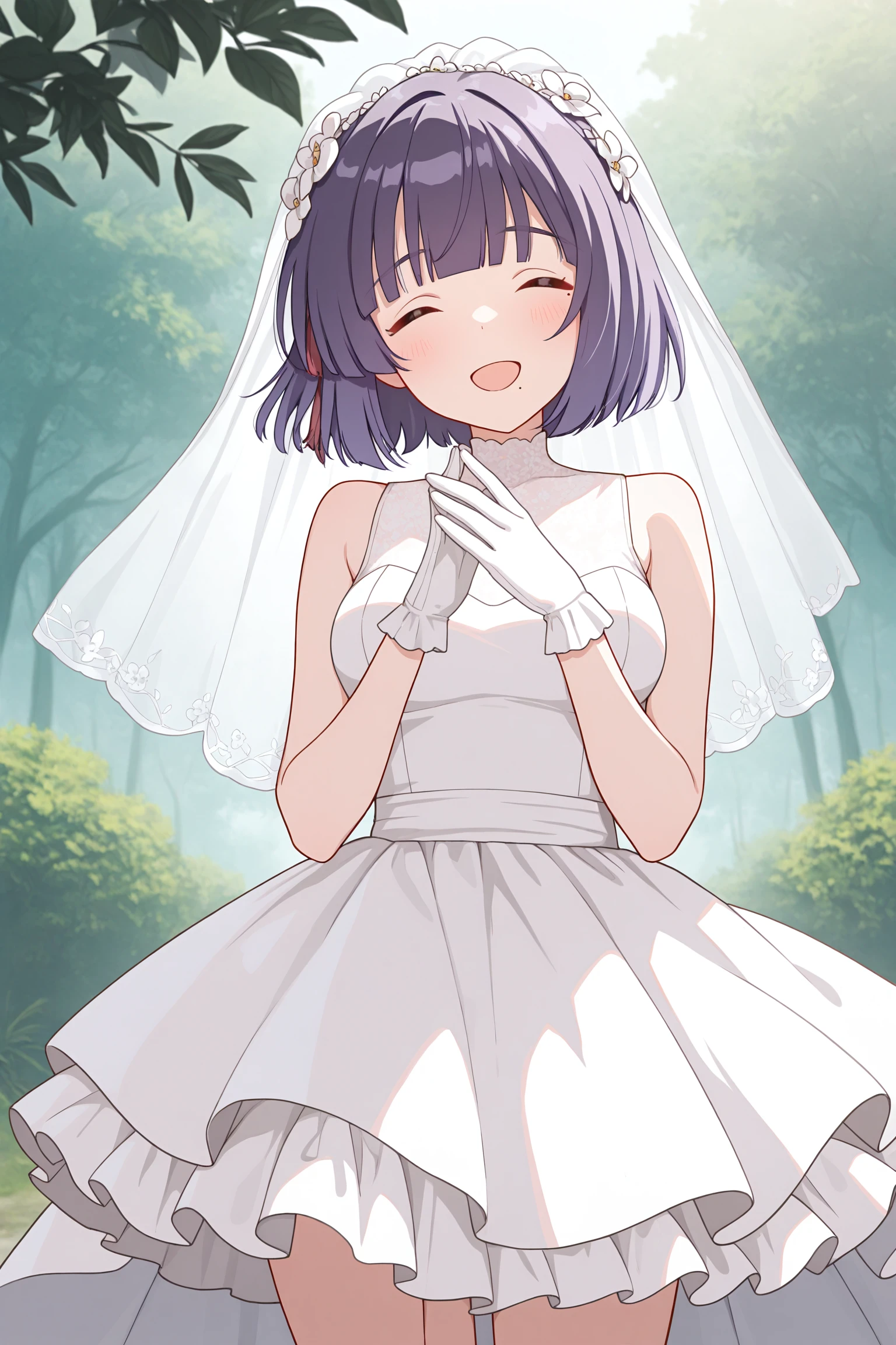 masterpiece, best quality, very aesthetic, hatayamisuzu, solo, outdoors, nature, bridal veil, purple hair, blunt bangs, short hair, closed eyes, mole under mouth, medium breasts, wedding dress, white dress, white gloves, frilled skirt, smile, open mouth, ^o^, <lora:Hataya-Misuzu:0.7>