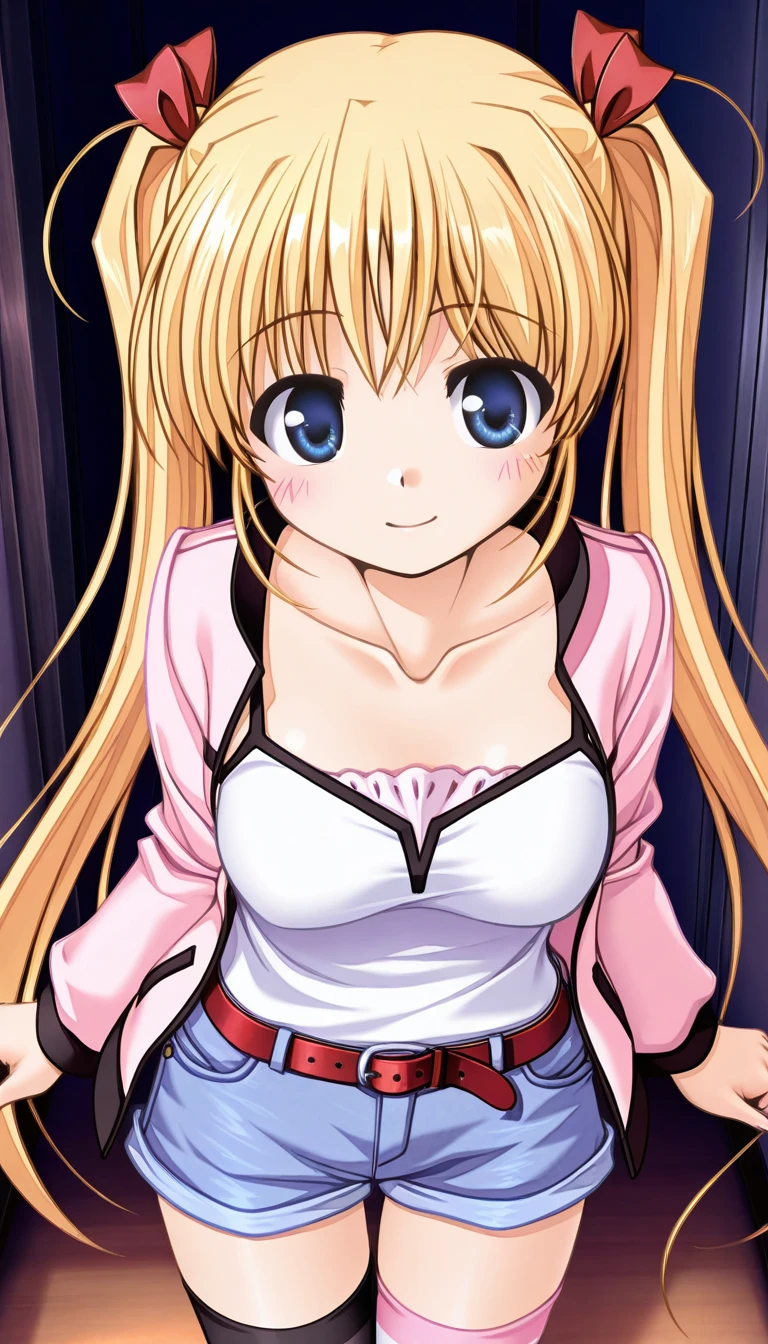 (masterpiece),best quality,amazing quality,very aesthetic,absurdres,newest,perfect body,shiny skin,perfect eyes,detail1eye,well-defined fingers,well-defined fingernails,anime style,indoors,1girl,solo,upper body,(portrait:1.5),looking at viewer,facing viewer,smile,blush,Bekkankou style,Airi Akizuki,ahoge,very long hair,blonde hair,high twintails,hair ribbon,red ribbon,bangs,blue eyes,collarbone,pink jacket,white camisole,long sleeves,medium breasts,red belt,denim shorts,shorts rolled up,zettai ryouiki,two-tone thighhighs,pink thighhighs,black thighhighs,striped thighhighs,sneakers,<lora:Airi Akizuki(oc)-Illus:1.6>,<lora:Bekkankou[style]-Illus:1.4>,