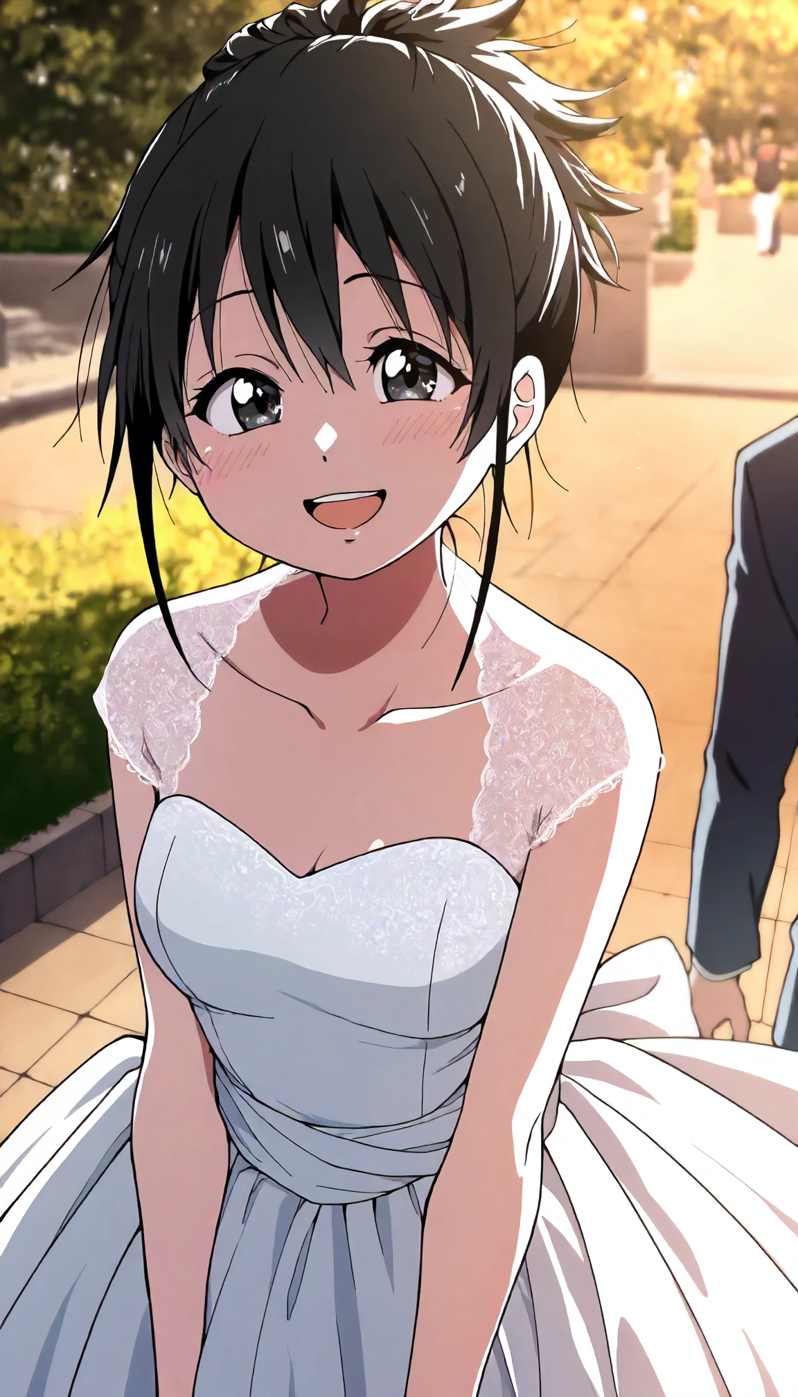 <lora:JD_sayoXLIllustrious001>,
masterpiece,best quality,good quality,newest,
outdoors,
smile,open mouth,
looking at viewer,
anime coloring,
sayo\(jamidokku!\),1girl,black hair,hair up,black eyes,
standing,
wedding_dress,