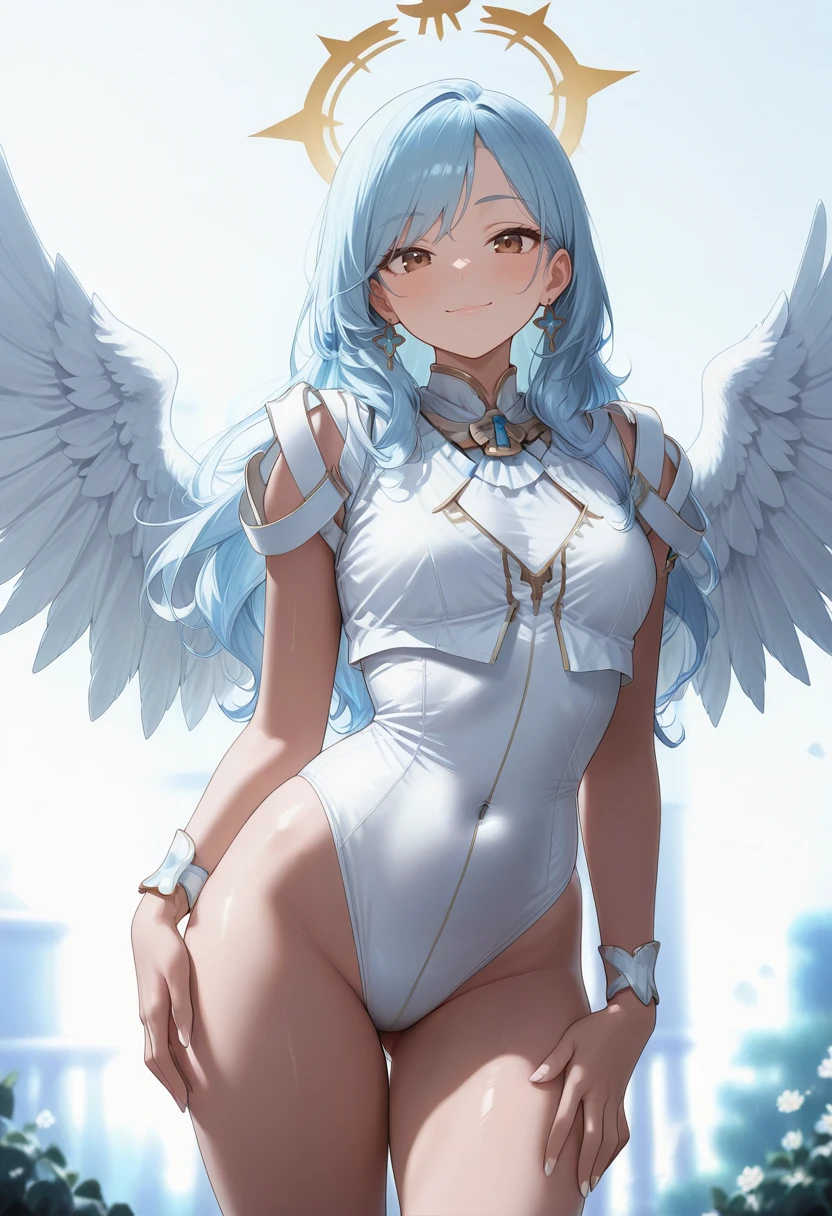 <lora:aisling duval illustrious v1.0:1.2> 1girl, woman, aisling duval, long light blue hair, brown eyes, light skin, brooch, jewelry, white leotard, score_9, score_8_up, score_7_up, score_6_up, masterpiece, best quality, amazing quality, very aesthetic, absurdres, newest,, large smile, large smile, thin lips, closed mouth, naughty face, naughty, arrogant, brat, seductive, seductive smile,, angel, golden halo, angel wings, feathered wing, feather, white wing,