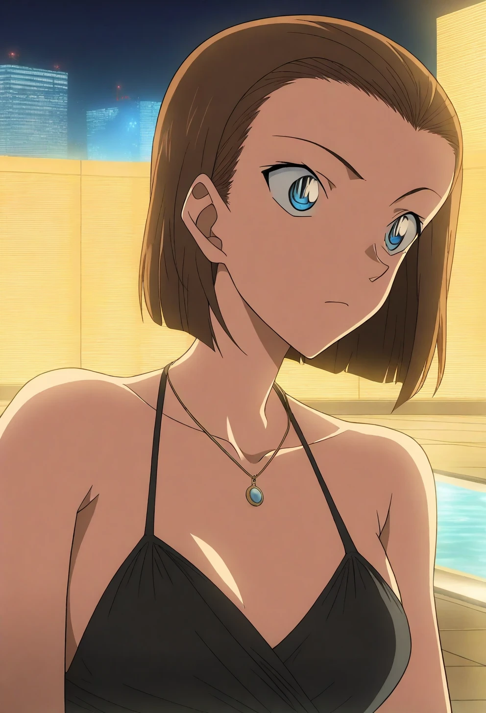 <lora:Sonoko Suzuki - [Detective Conan] - illustriousXL v1:1>, sysdeep_sonoko, 1girl, solo, short hair, blue eyes, brown hair, bob cut, forehead, anime coloring, 1girl, solo, luxury_rooftop_pool, night_skyline, cocktail_in_hand, black_swimsuit, glowing_city_lights, calm_expression, elegant_pose, anime coloring