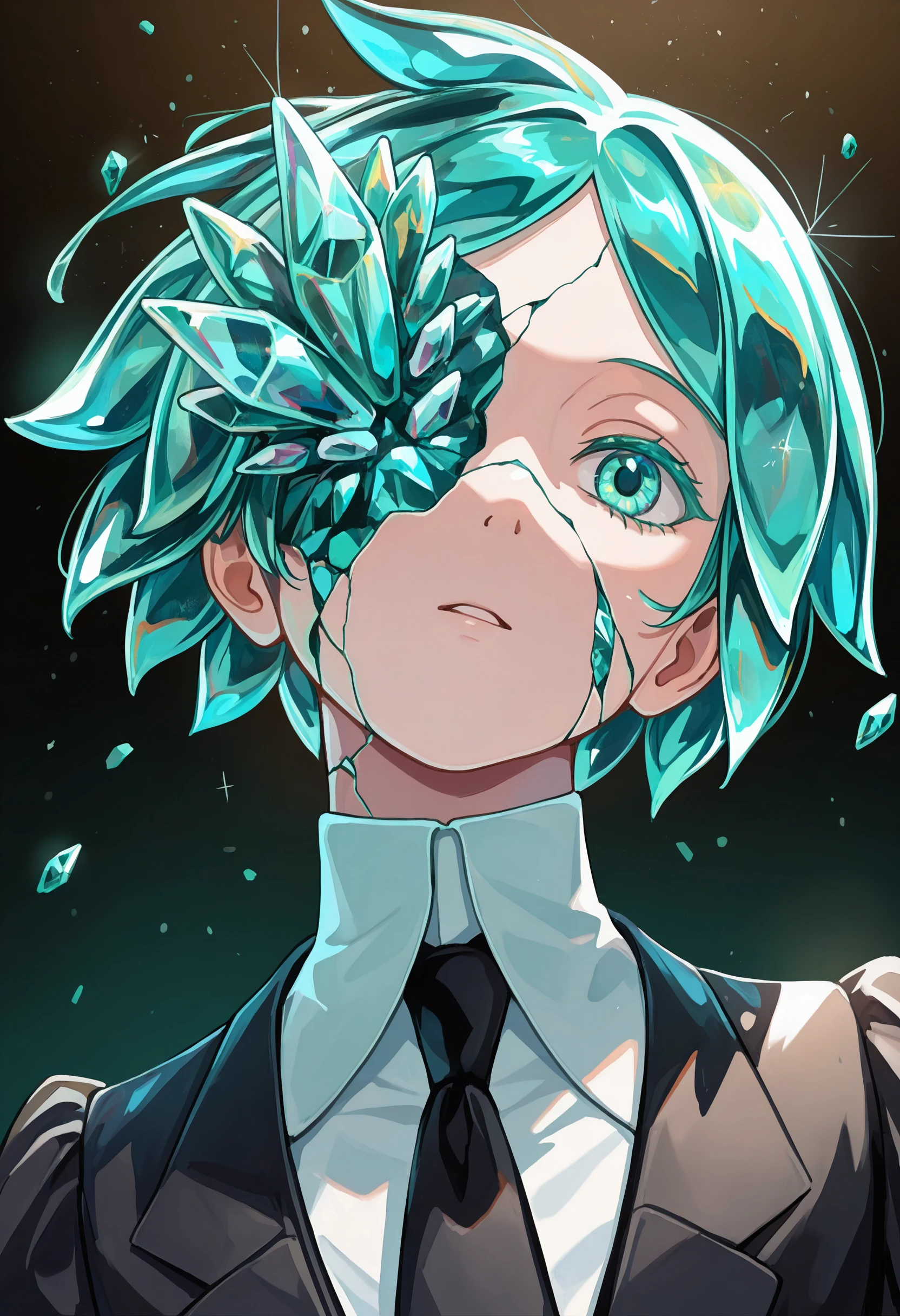 masterpiece, best quality, absurdres, safe
1girl, phosphophyllite, black jacket, black necktie,
portrait, cracked skin, [flower over eye: crystal, gem : 0.1]
<lora:inward_itwasleo_il_2_d16_v2:1>