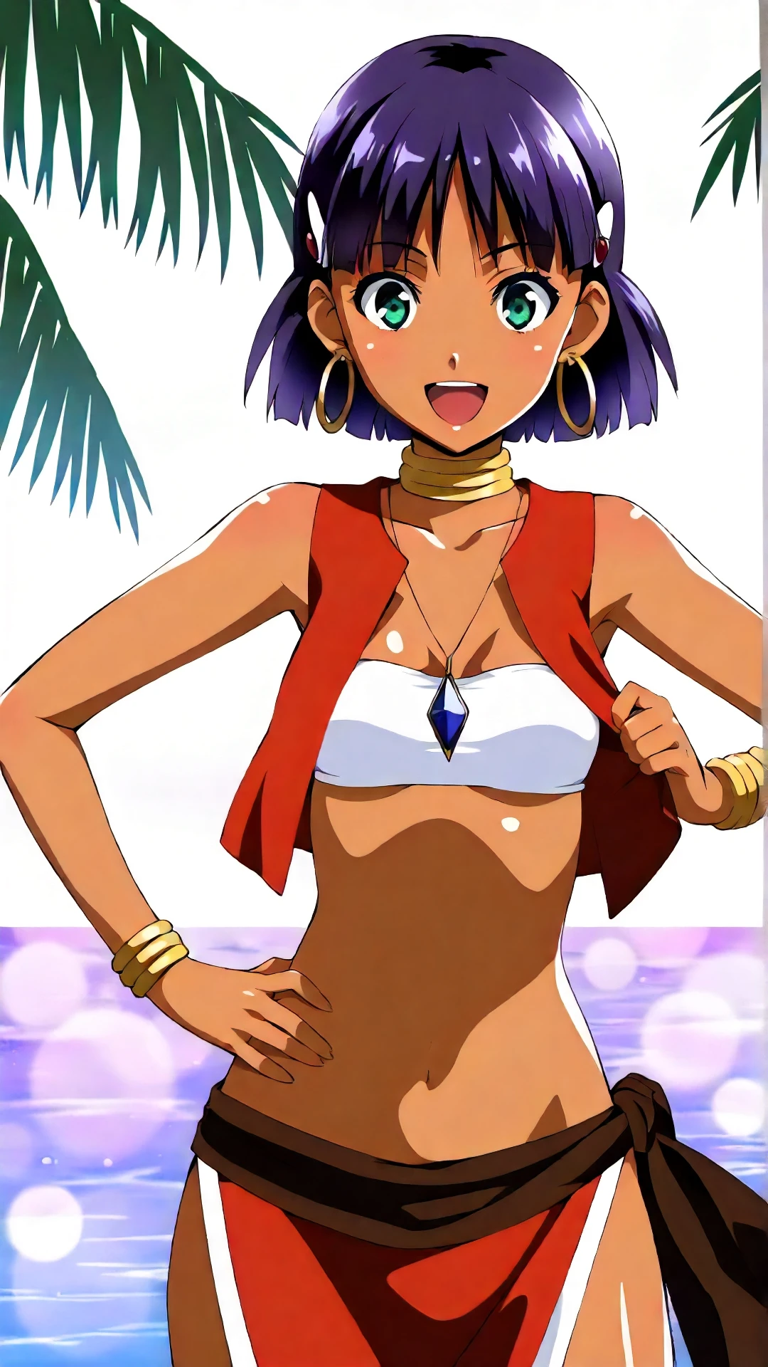 nadia_la_arwall, an anime girl,  1girl, solo, looking at viewer, smile, short hair, open mouth, hair ornament, navel, jewelry, purple hair, earrings, hairclip, midriff, dark skin, necklace, vest, bracelet, dark-skinned female, hand on hip, strapless, beach, bob cut, palm tree, tube top, neck ring