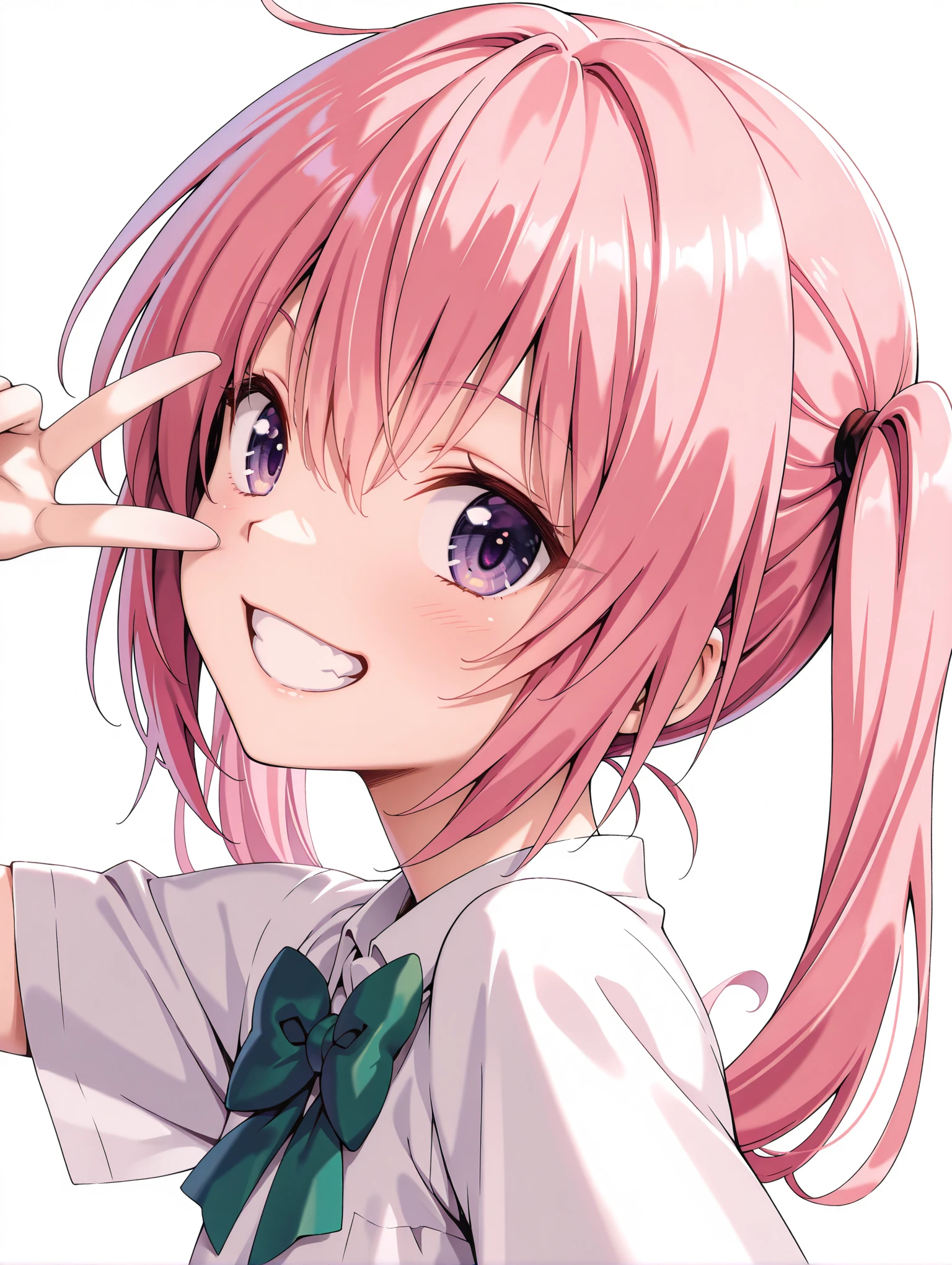 masterpiece,best quality,newest,
1girl,solo,
<lora:nana_ilxl_v1:1>,nana,pink hair,purple eyes,twintails,n_clothes,green bowtie,short sleeve blouse,white blouse,
<lora:Fixhands_anime_bdsqlsz_V1:1>,looking_at_viewer,white_background,simple_background,upper_body,grin,v over eye,profile,